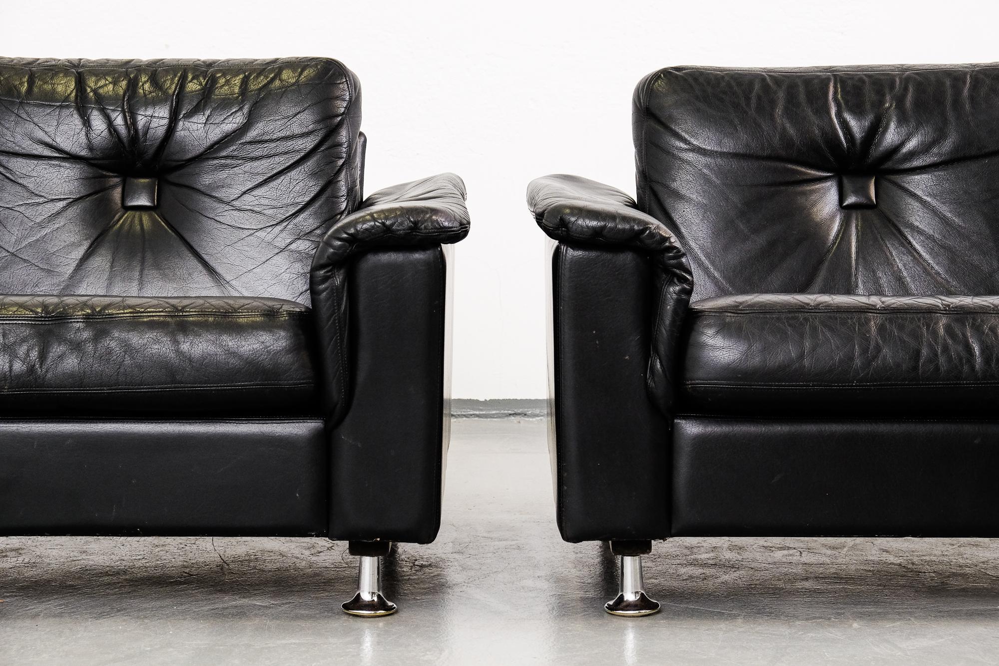 Pair of Black Leather and Chrome Lounge Chairs, 1970s 3