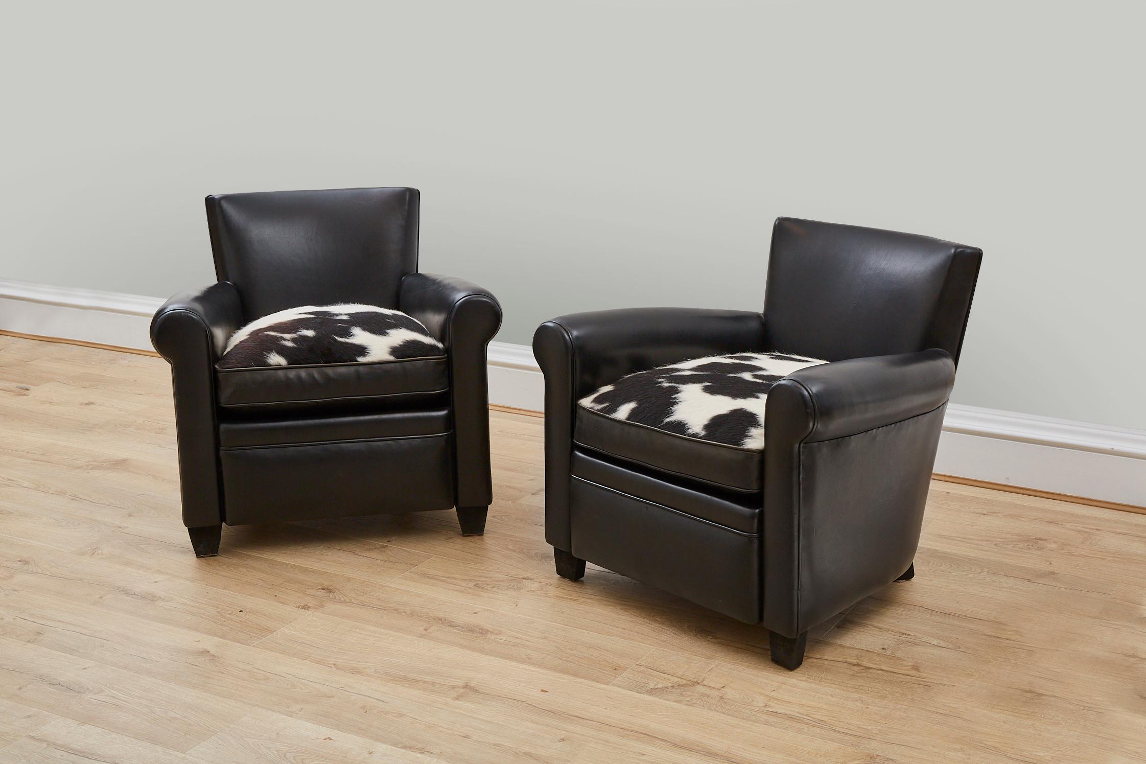 Modern Pair of Black leather club chair / armchair cow hide seat For Sale