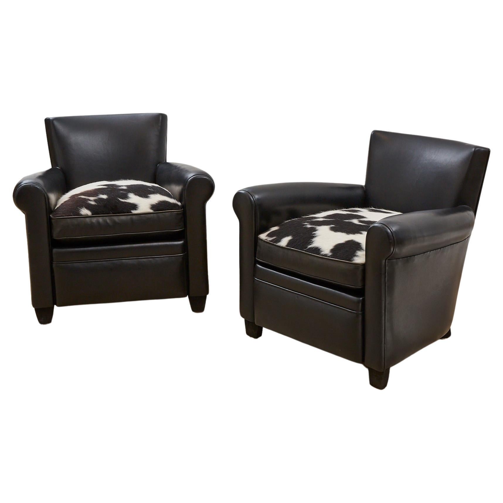 Pair of Black leather club chair / armchair cow hide seat For Sale