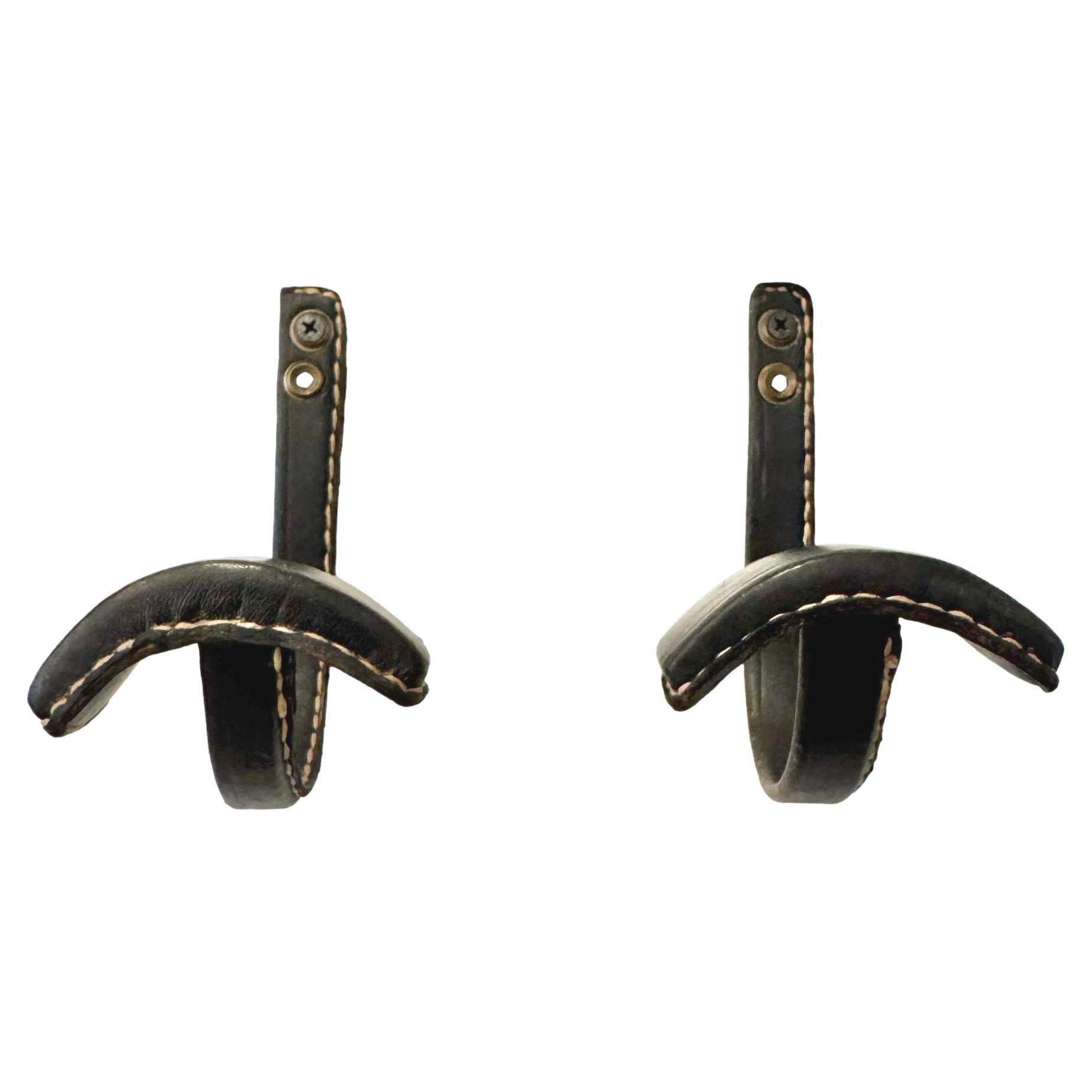Pair of Black Leather Coat Hooks by Jacques Adnet, 1950s France