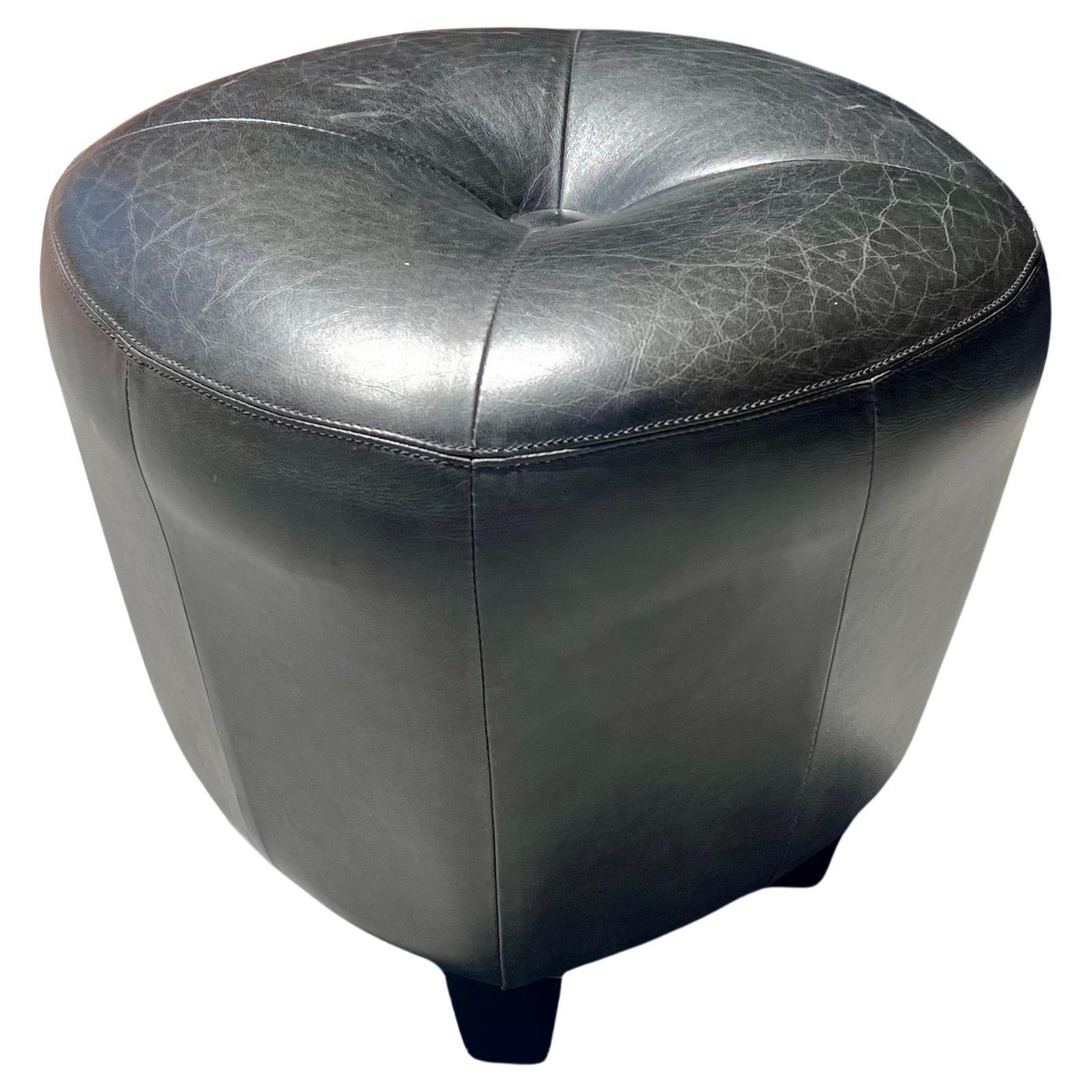 Pair of Black Leather Contemporary Stools Poufs by Cisco & Bros. In Good Condition For Sale In San Diego, CA