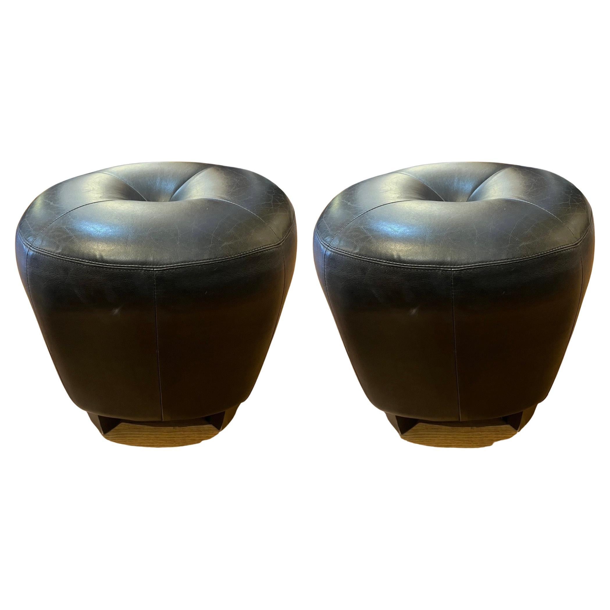 Pair of Black Leather Contemporary Stools Poufs by Cisco & Bros. For Sale