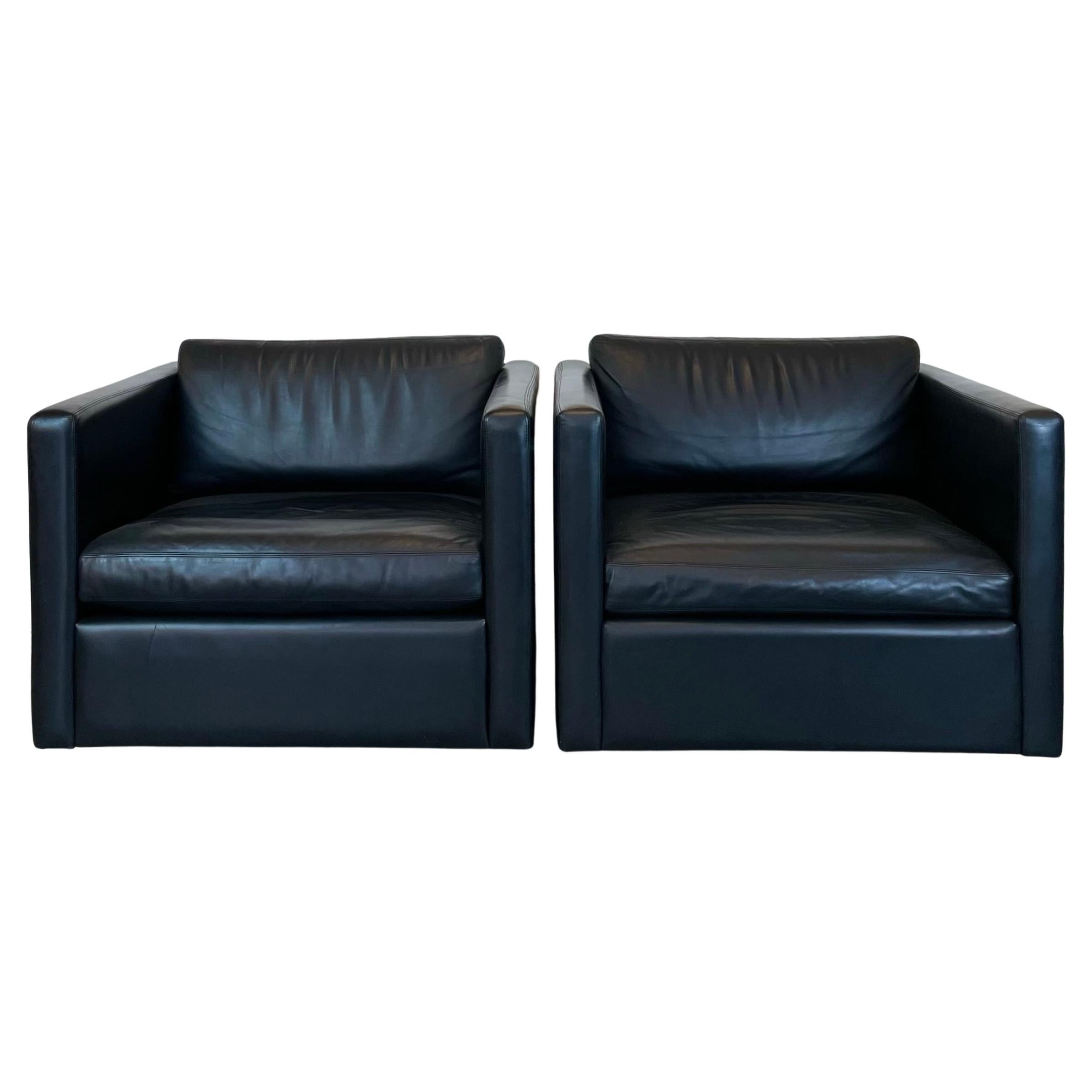 Pair of Black Leather Club-Chairs by Charles Pfister for Knoll, 1980s