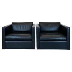 Pair of Black Leather Club-Chairs by Charles Pfister for Knoll, 1980s