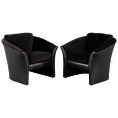 Pair of Black Leather Curved Lounge Chairs