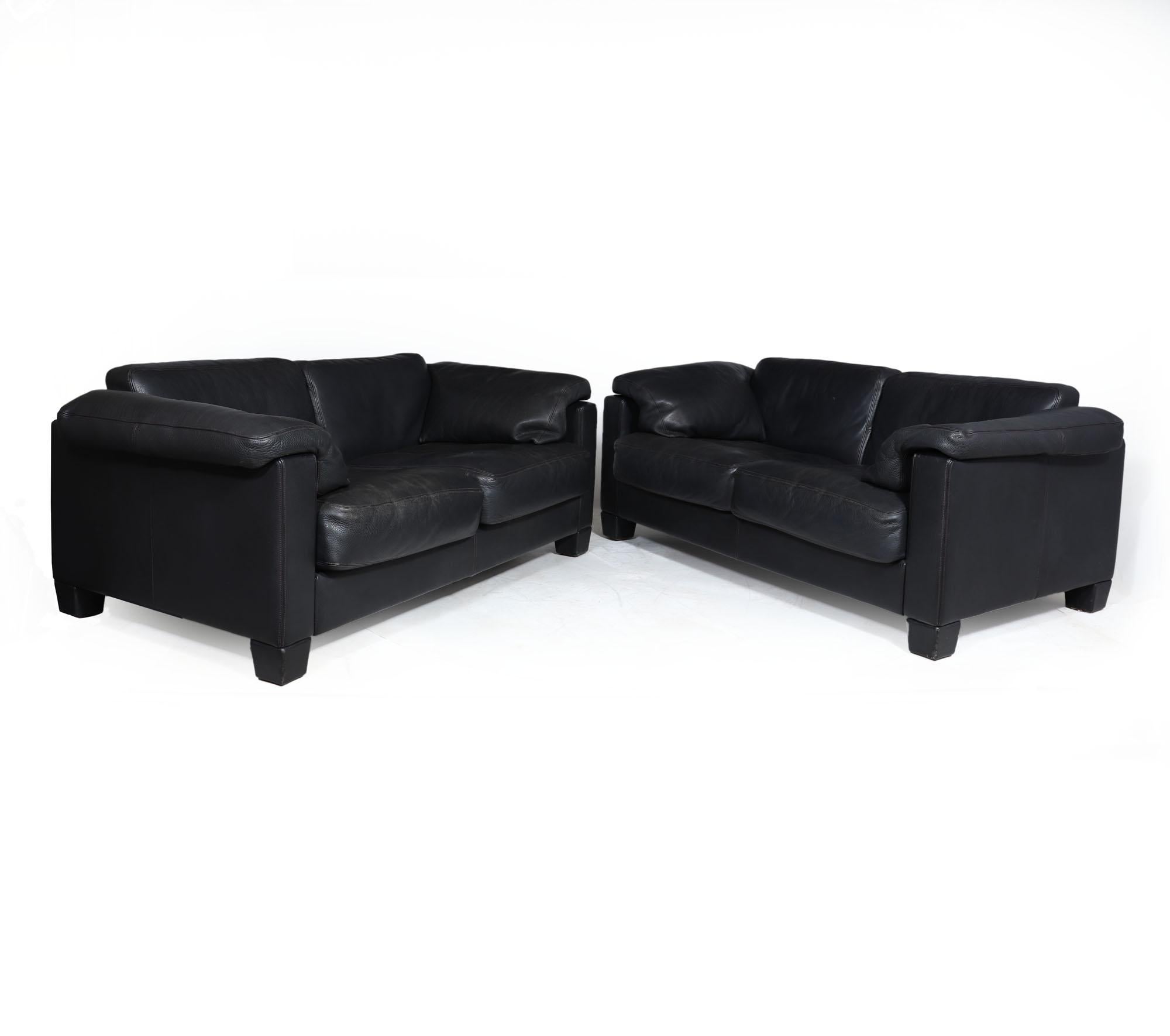 Mid-Century Modern Pair of Black Leather De Sede Sofas