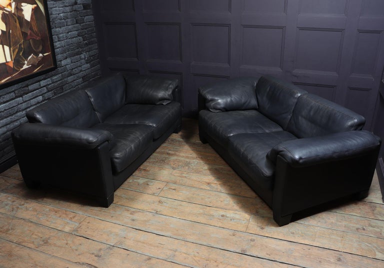 Late 20th Century Pair of Black Leather De Sede Sofas For Sale