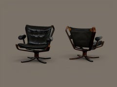 Pair of Black Leather Falcon Chairs by Sigurd Ressell, Norway, 1970s