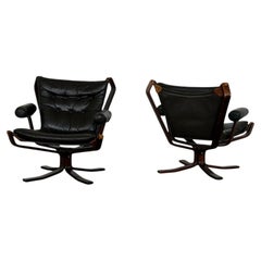 Pair of Black Leather Falcon Chairs by Sigurd Ressell, Norway, 1970s