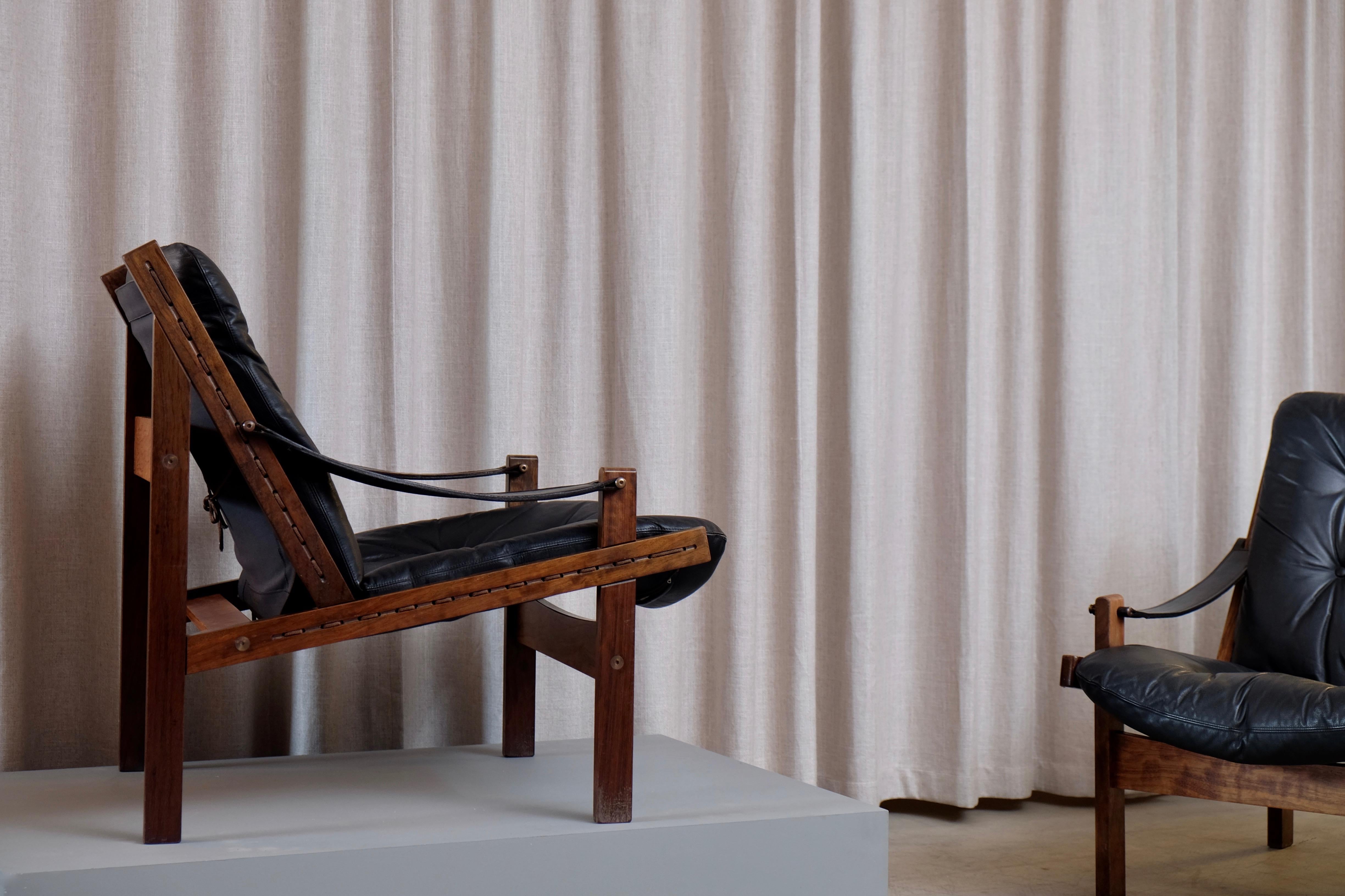 Swedish Pair of Black Leather Hunter Easy Chairs by Torbjørn Afdal, 1960s
