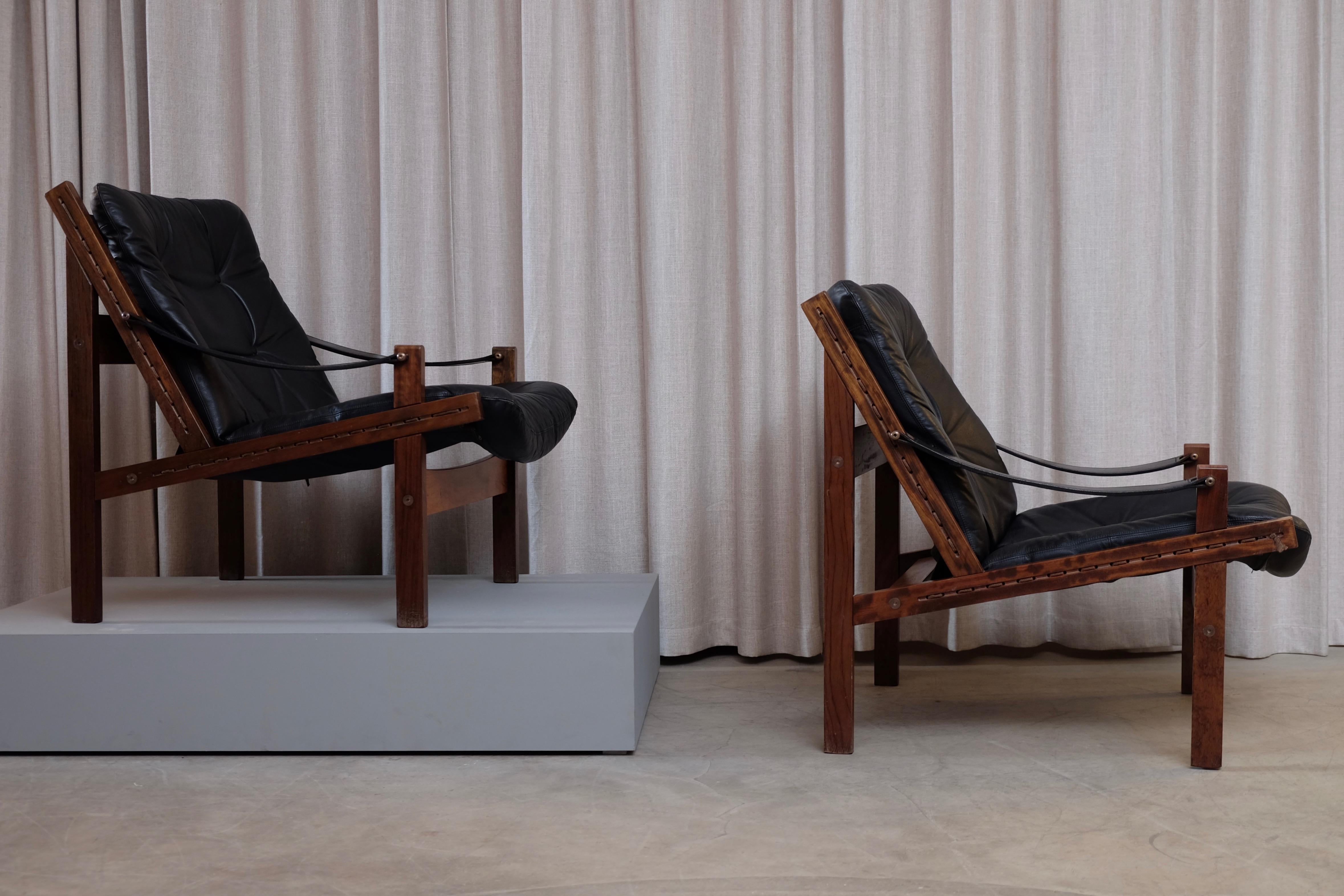 Mid-20th Century Pair of Black Leather Hunter Easy Chairs by Torbjørn Afdal, 1960s