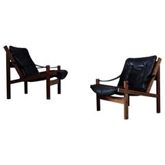 Pair of Black Leather Hunter Easy Chairs by Torbjørn Afdal, 1960s