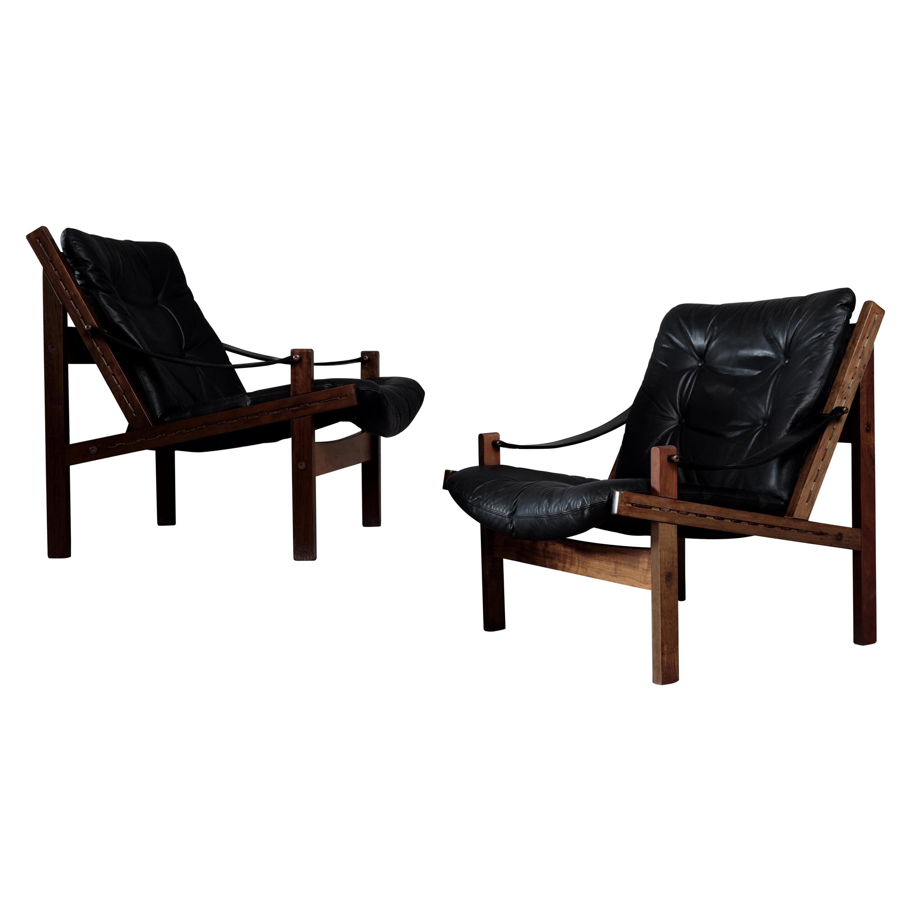 Pair of Black Leather Hunter Easy Chairs by Torbjørn Afdal, 1960s