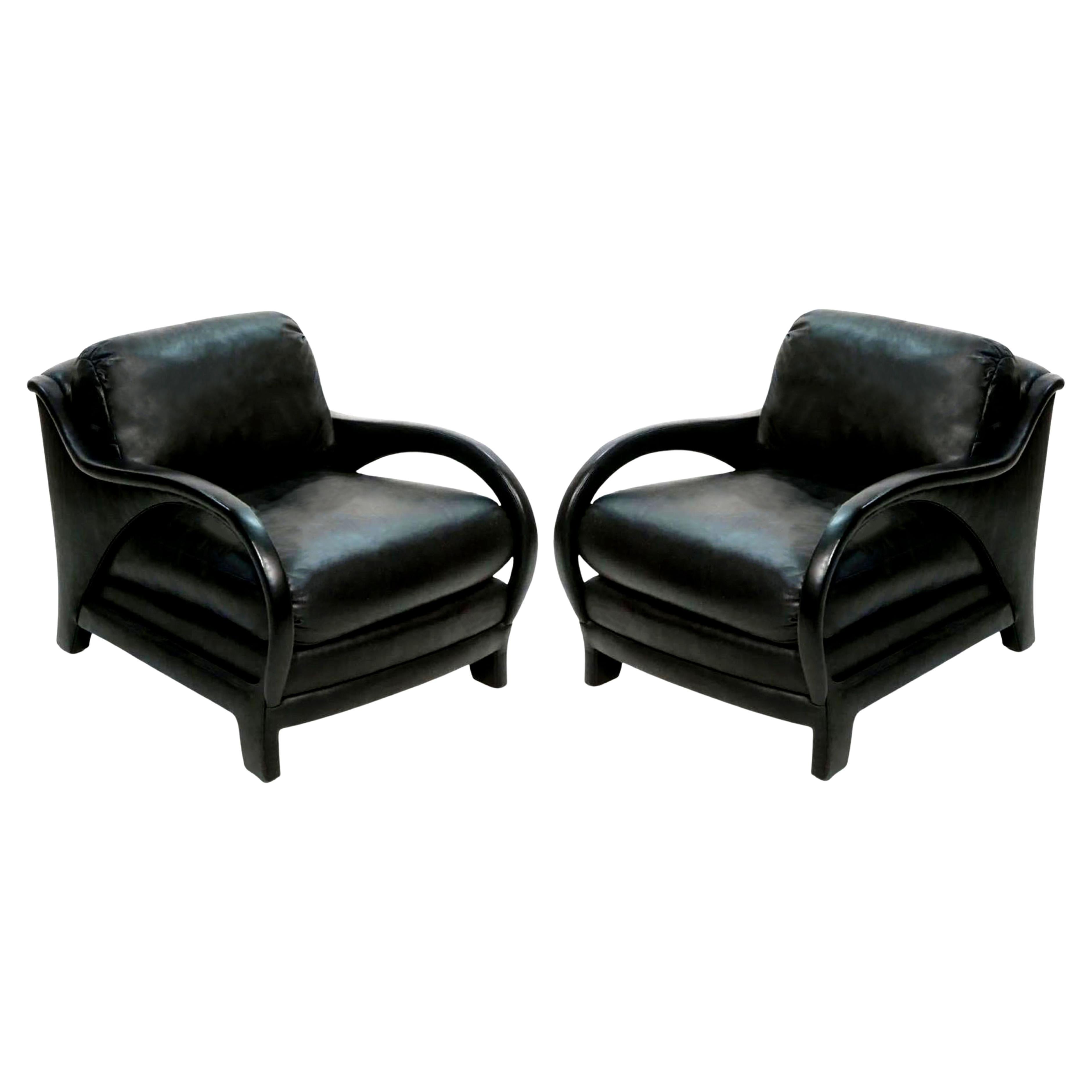 Pair of Black Leather Jay Spectre Tycoon Lounge Chairs