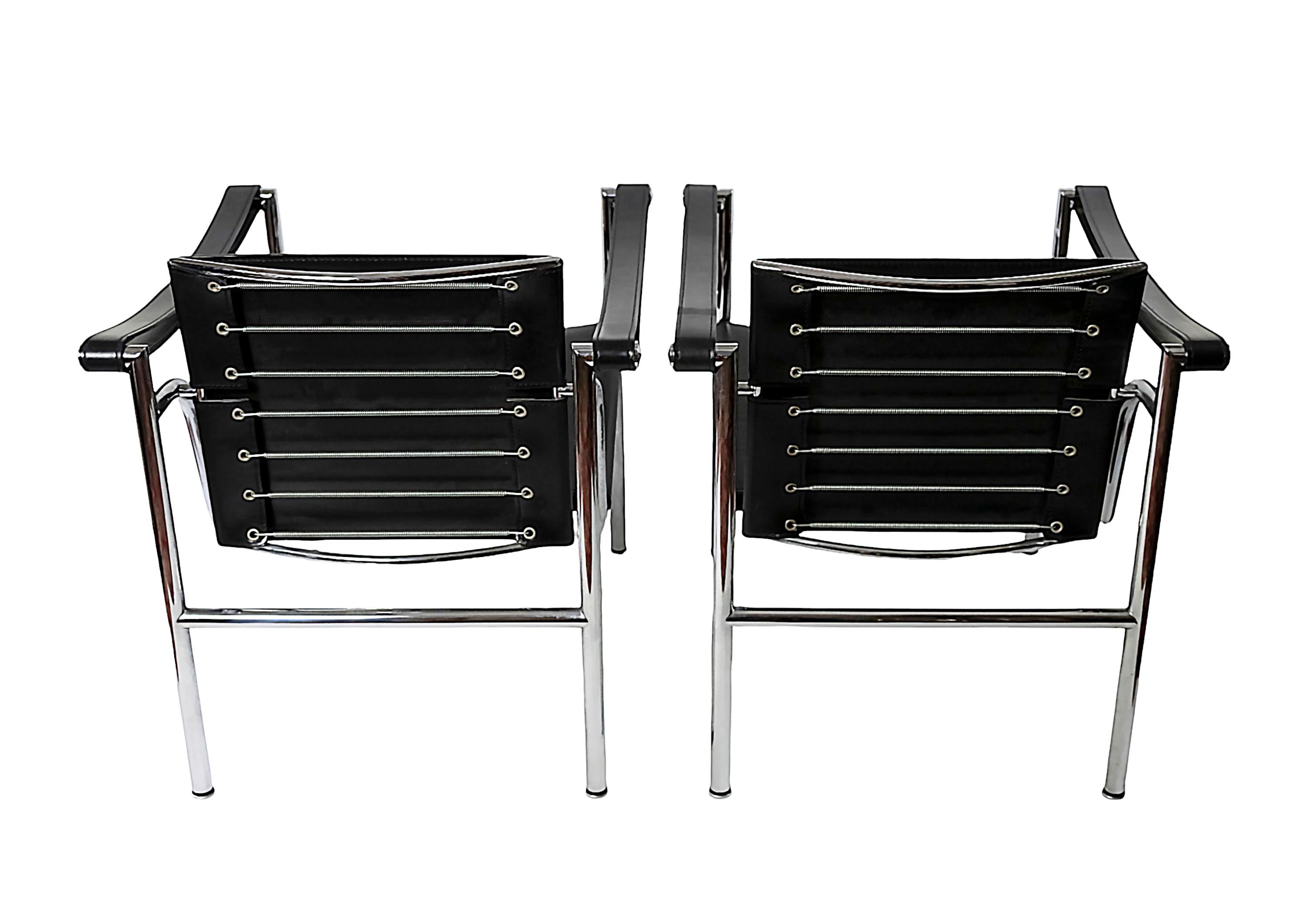 Mid-Century Modern Pair of Black Leather Le Corbusier Armchairs LC1  by Cassina
