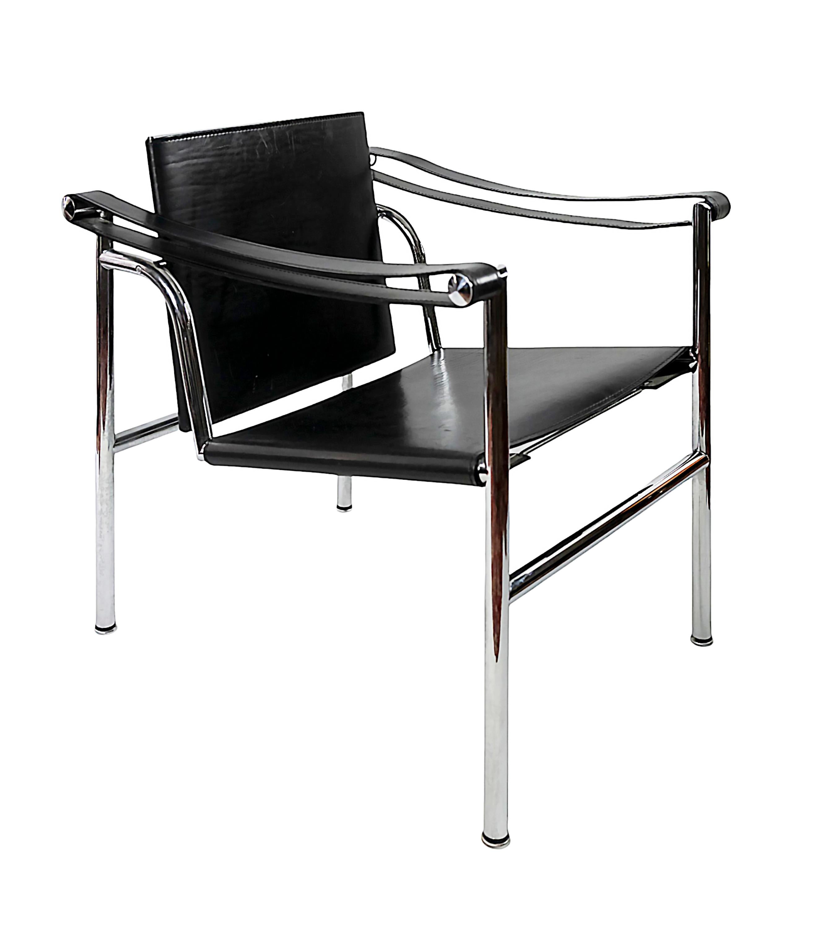20th Century Pair of Black Leather Le Corbusier Armchairs LC1  by Cassina