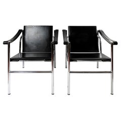 Pair of Black Leather Le Corbusier Armchairs LC1 by Cassina