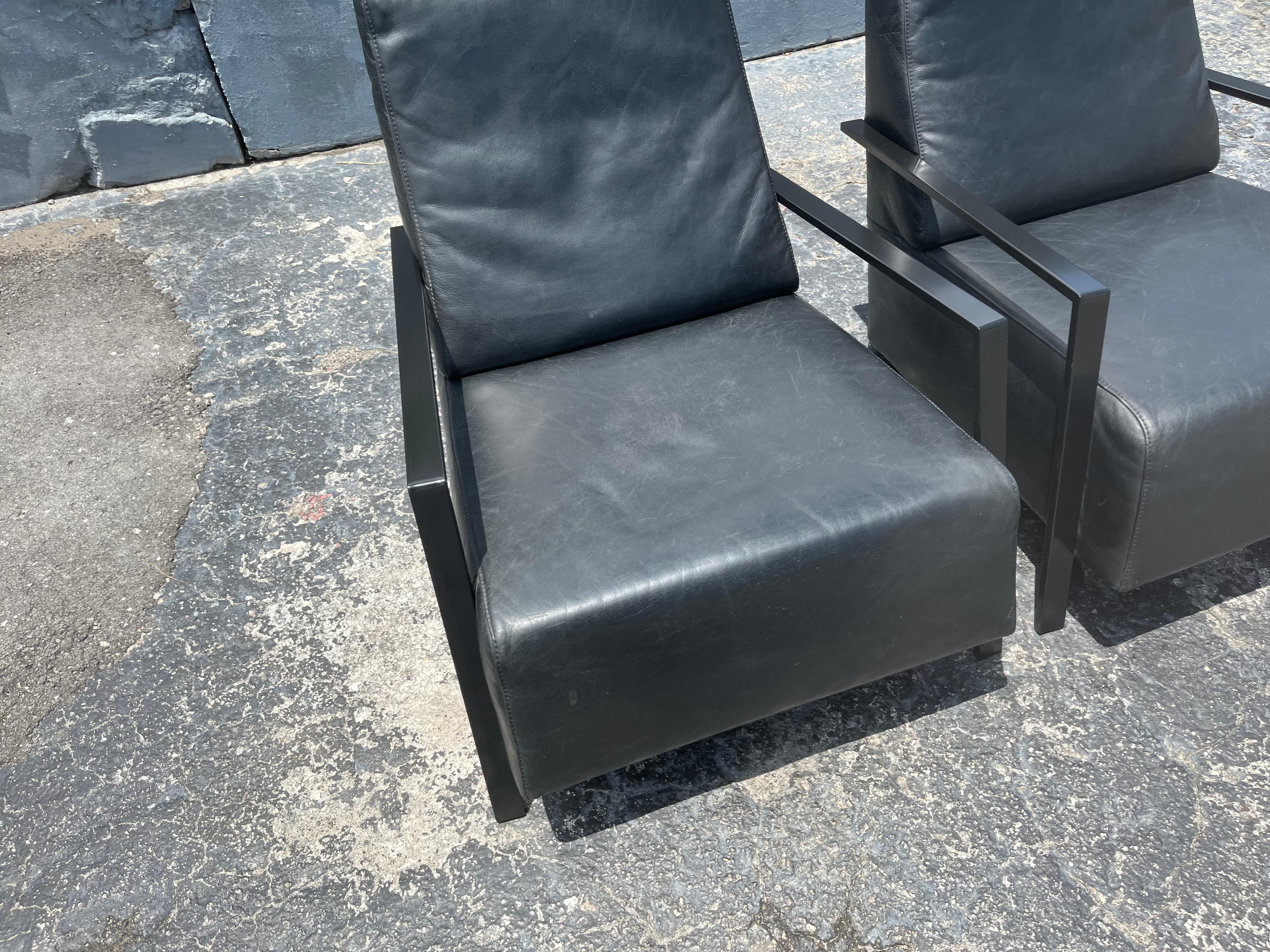 Pareja de sillones de cuero negro de Bullfrog Alemania, Kurt Beier Metal en venta