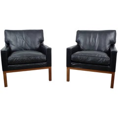Pair of Black Leather Lounge Chairs with Down Cushions, Denmark, 1960s