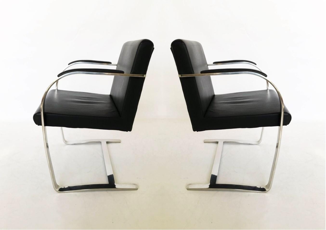 American Pair of Black Leather Ludwig Mies van der Rohe Flat Bar Brno Chairs