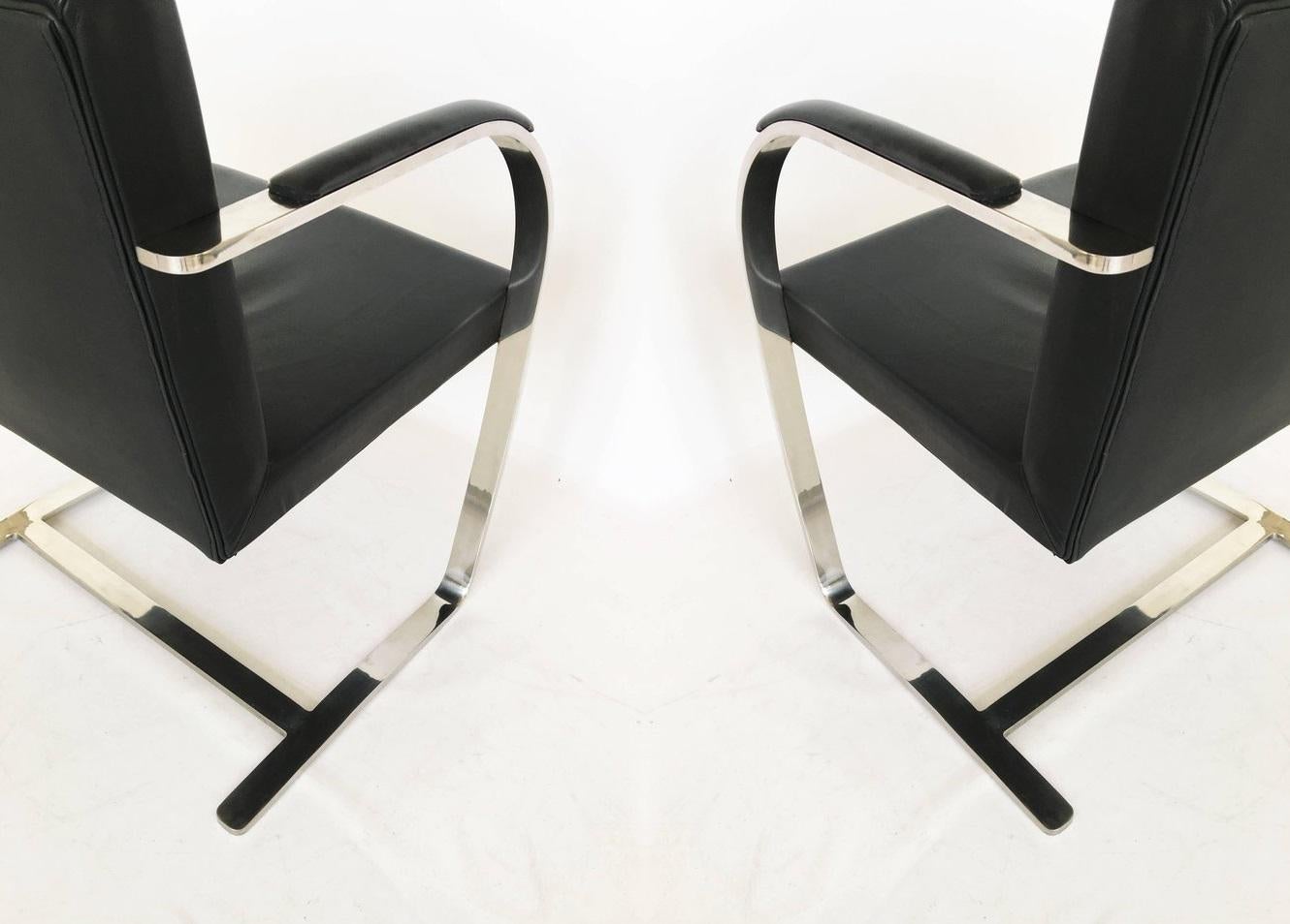 Velvet Pair of Black Leather Ludwig Mies van der Rohe Flat Bar Brno Chairs