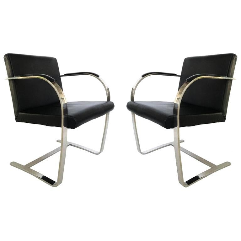 Pair of Black Leather Ludwig Mies van der Rohe Flat Bar Brno Chairs