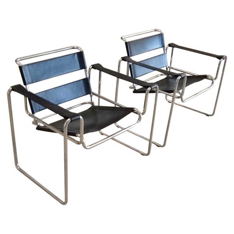 Pair of Black Leather Marcel Breuer Style Wassily Chairs Mid-Century Modern  at 1stDibs