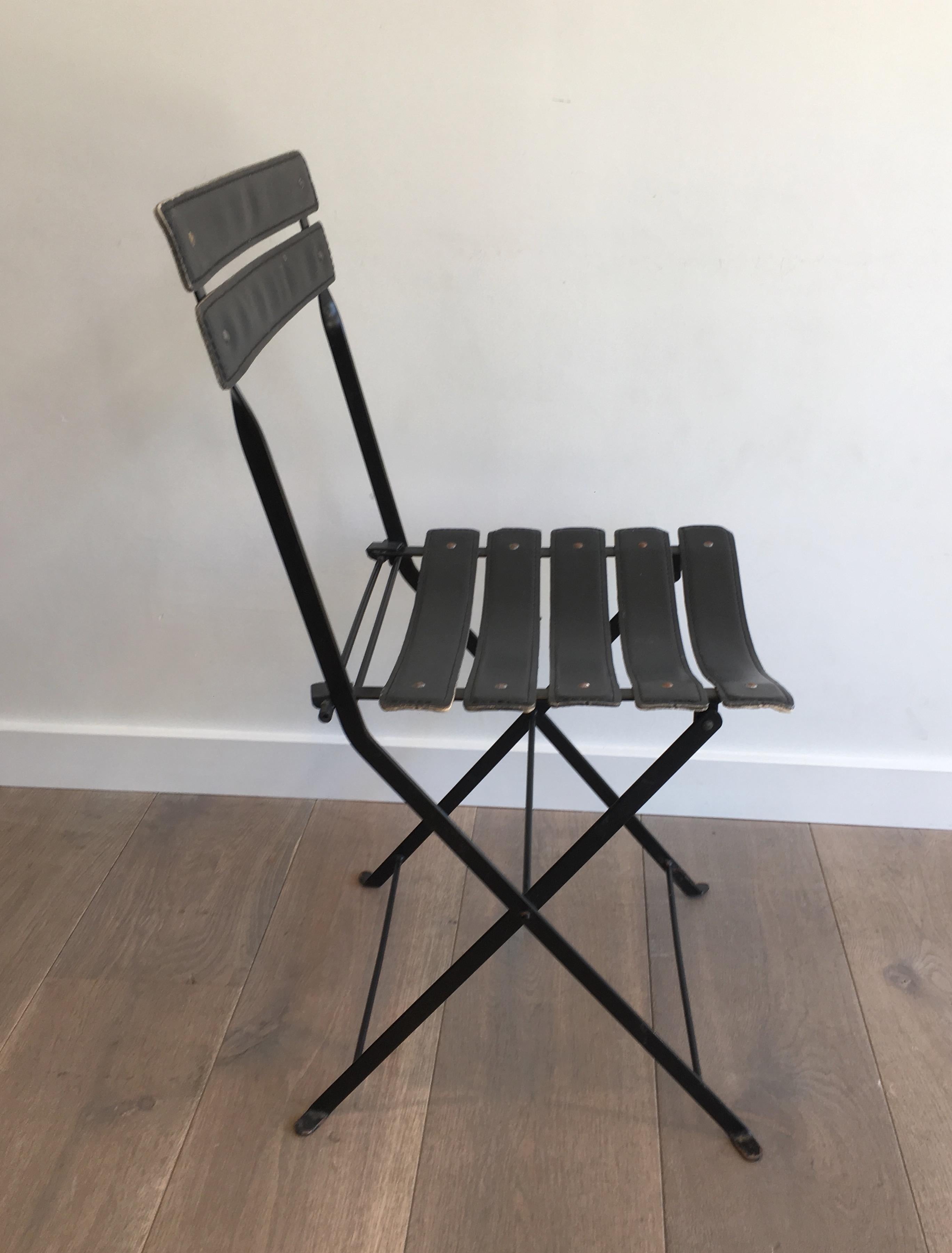 Pair of Black Leather & Metal Chairs, French Work, in the Style of Jacques Adnet For Sale 5