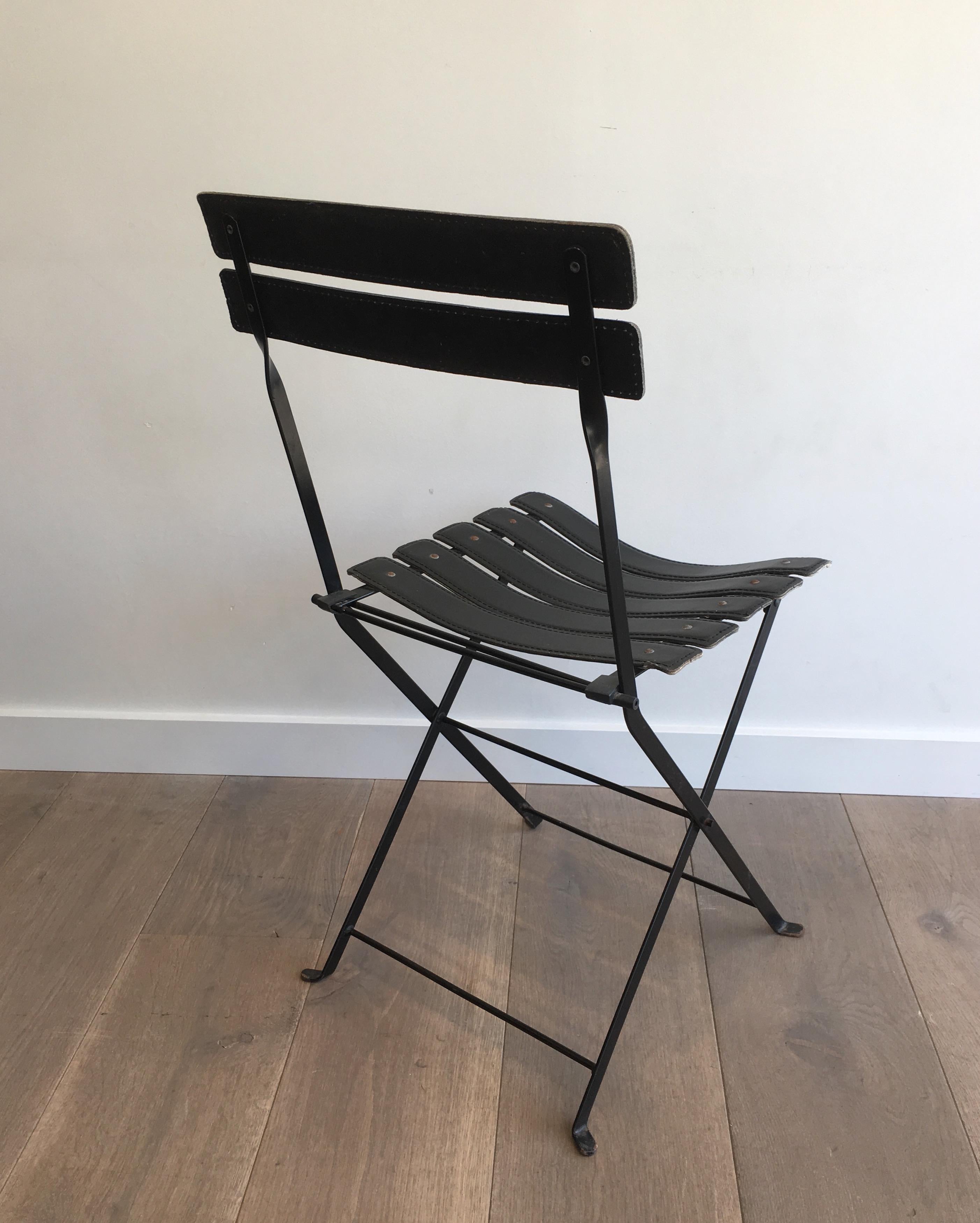 Pair of Black Leather & Metal Chairs, French Work, in the Style of Jacques Adnet For Sale 6