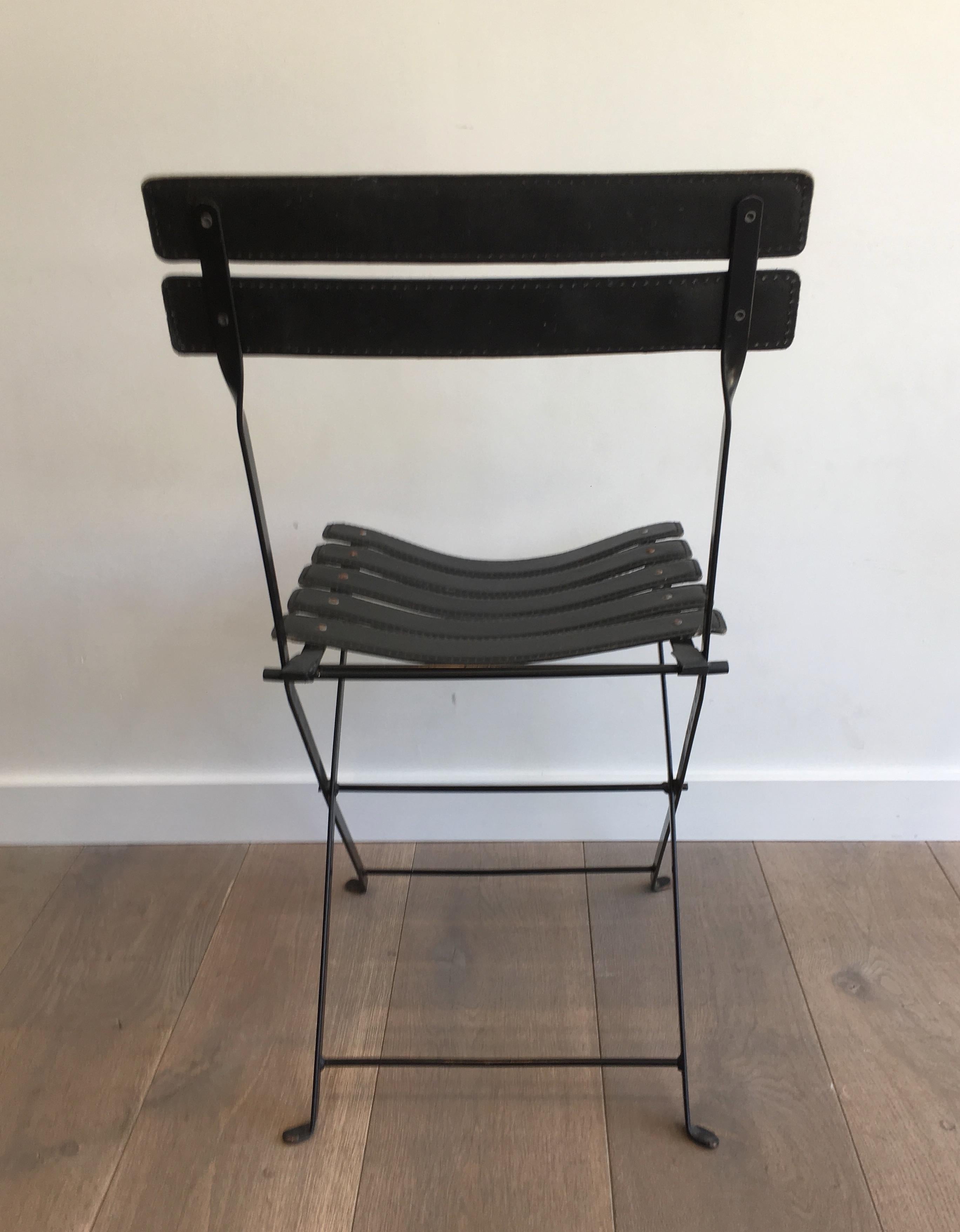 Pair of Black Leather & Metal Chairs, French Work, in the Style of Jacques Adnet For Sale 7