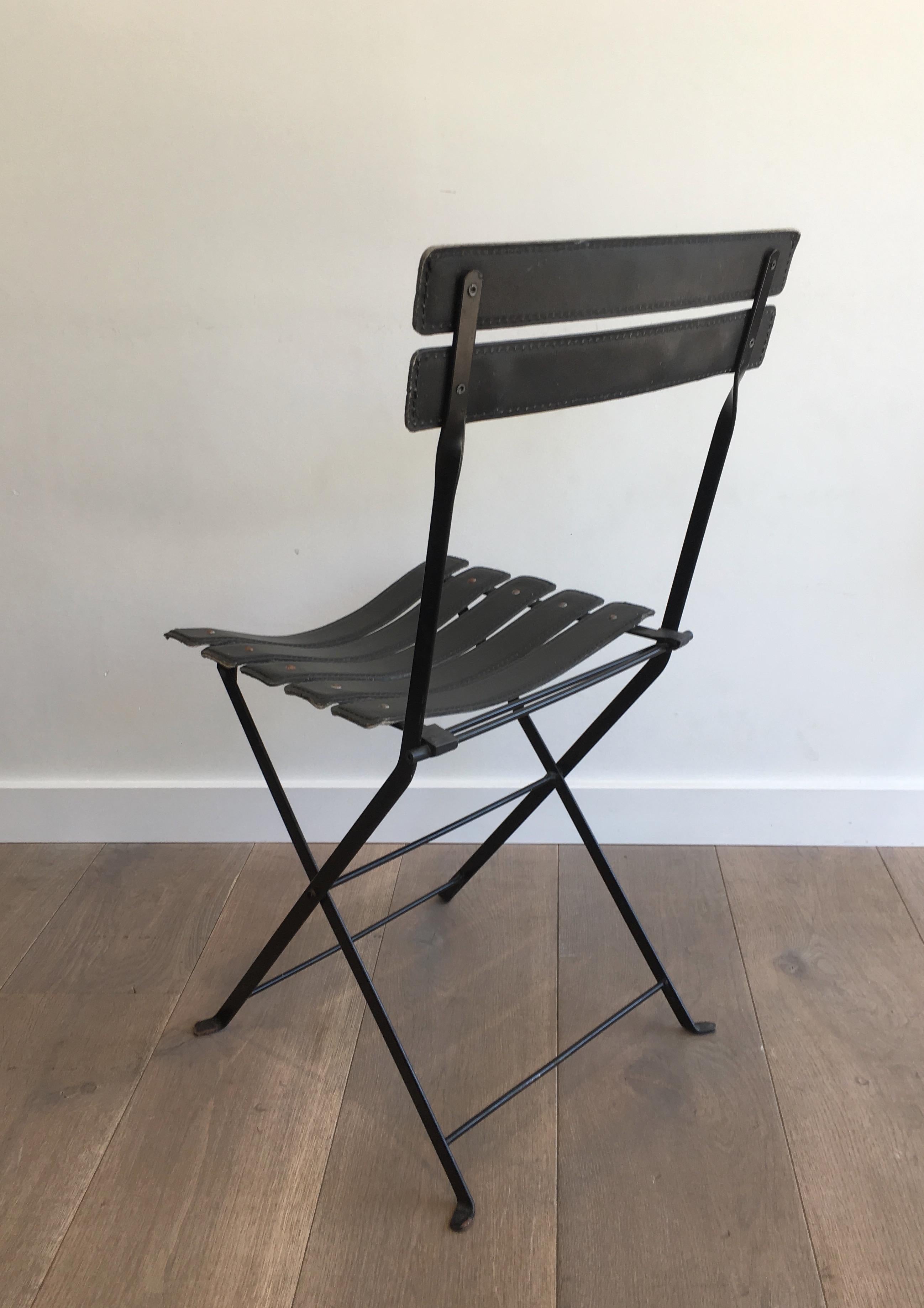 Pair of Black Leather & Metal Chairs, French Work, in the Style of Jacques Adnet For Sale 8