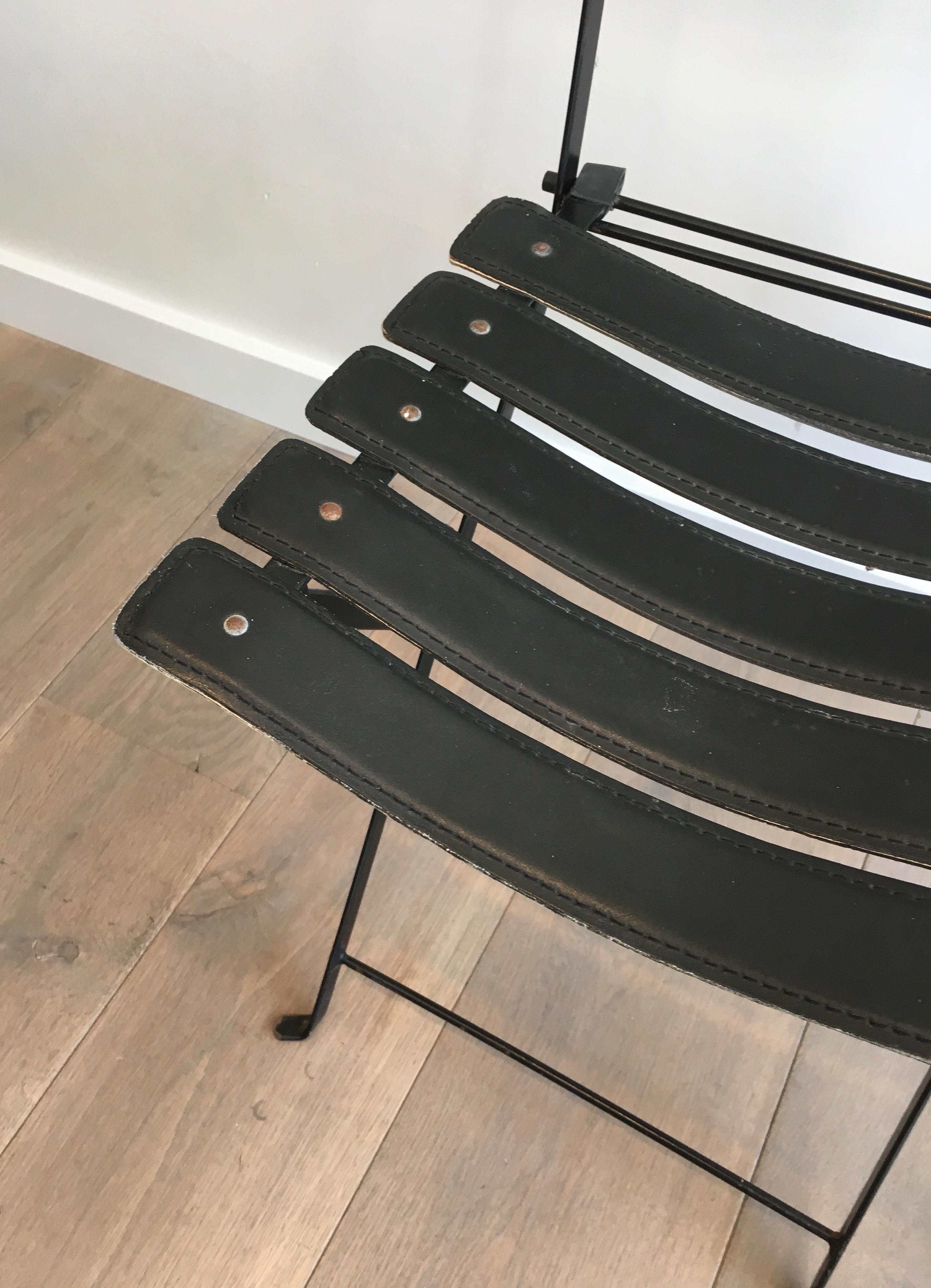 Pair of Black Leather & Metal Chairs, French Work, in the Style of Jacques Adnet For Sale 12