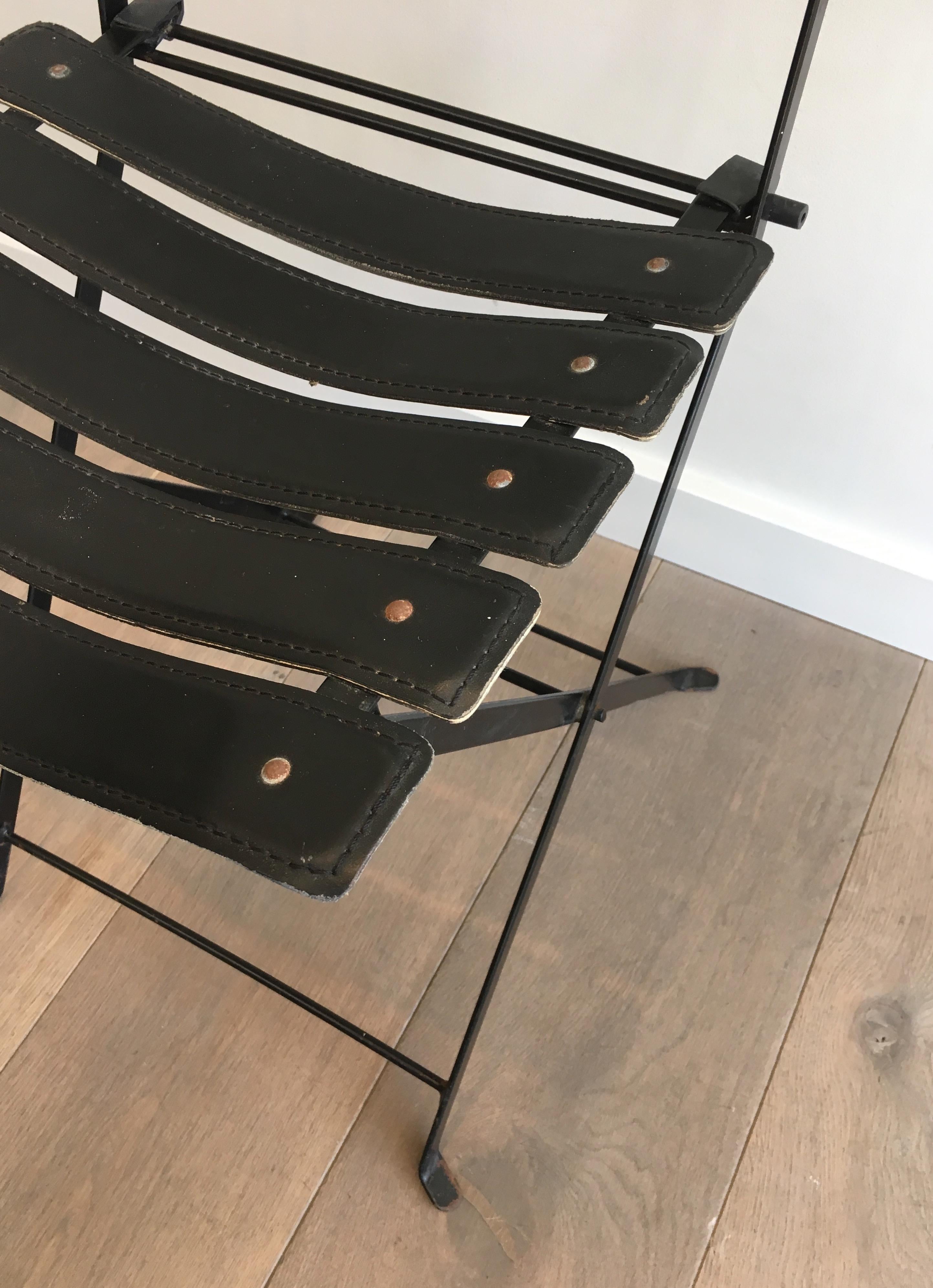 Pair of Black Leather & Metal Chairs, French Work, in the Style of Jacques Adnet For Sale 13