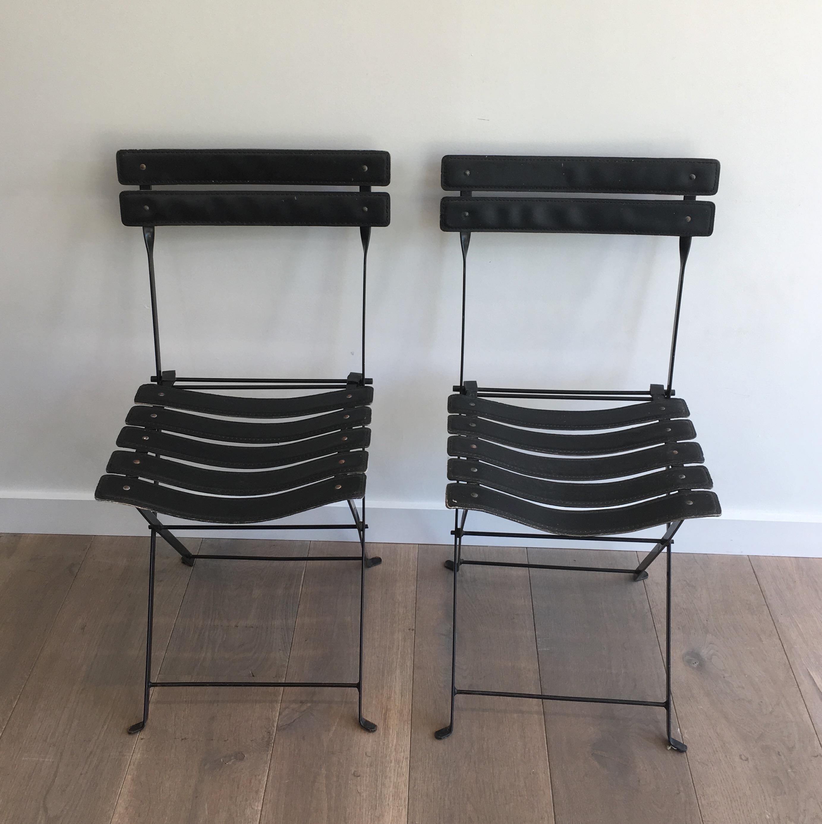 Mid-Century Modern Pair of Black Leather & Metal Chairs, French Work, in the Style of Jacques Adnet For Sale