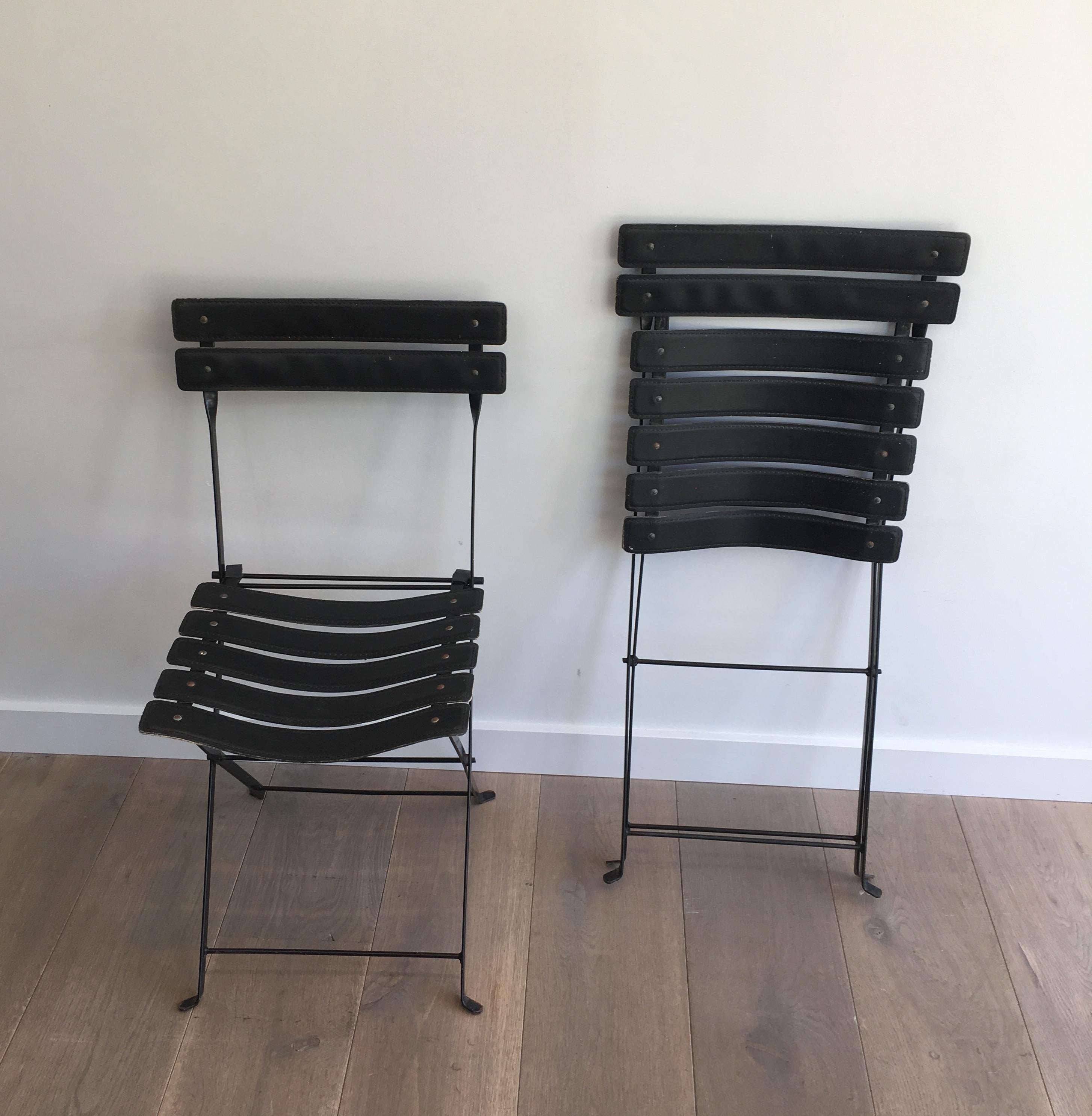 Lacquered Pair of Black Leather & Metal Chairs, French Work, in the Style of Jacques Adnet For Sale