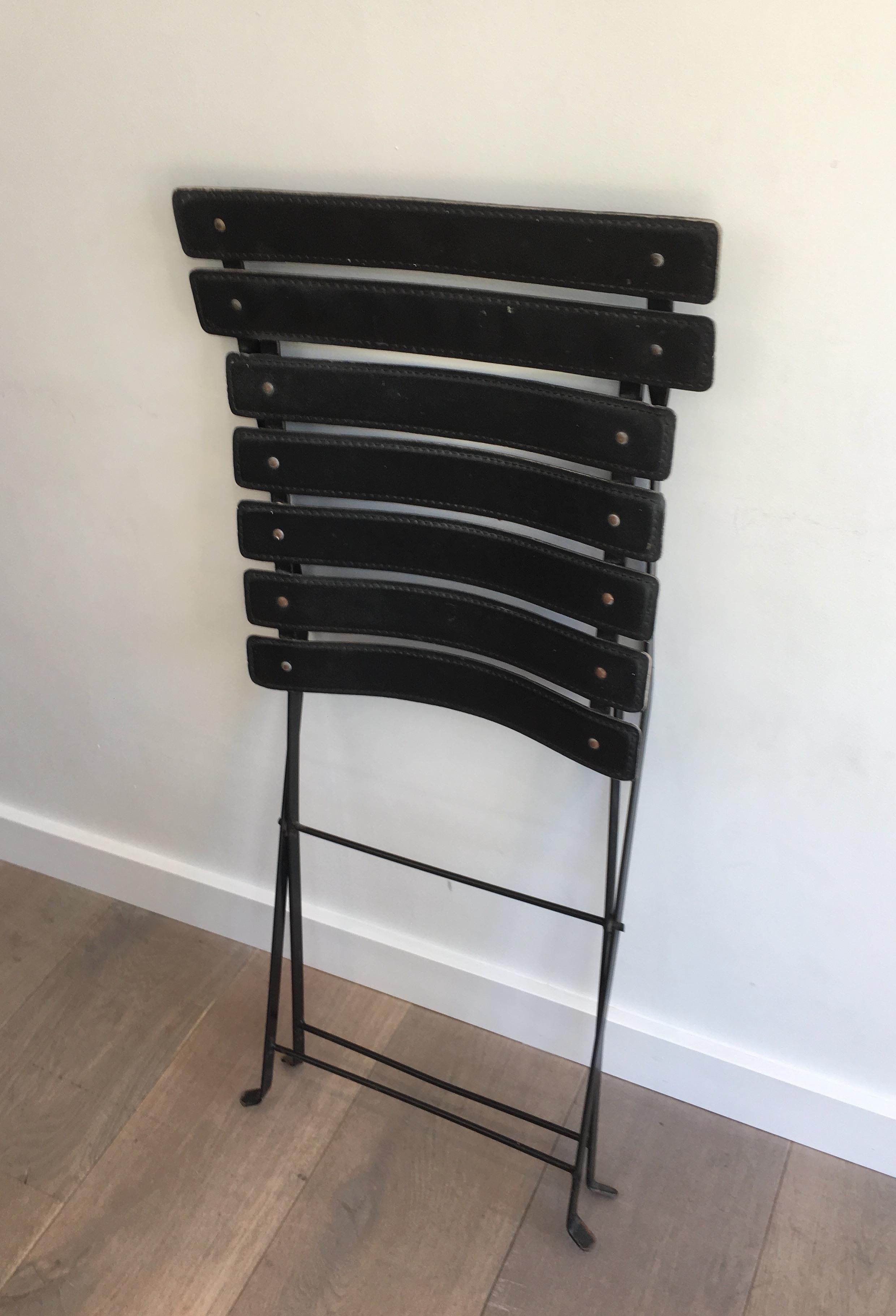 Pair of Black Leather & Metal Chairs, French Work, in the Style of Jacques Adnet For Sale 1