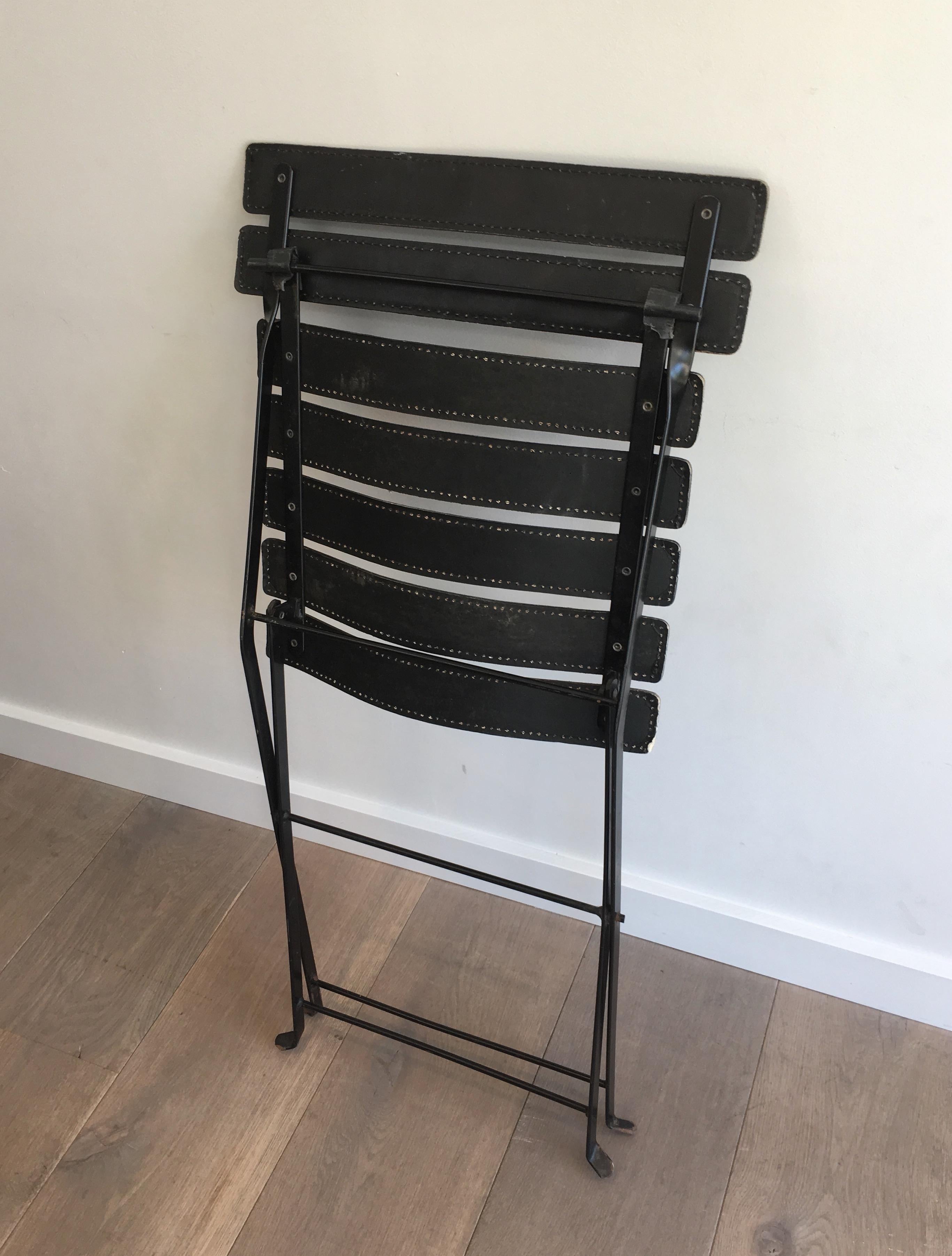 Pair of Black Leather & Metal Chairs, French Work, in the Style of Jacques Adnet For Sale 2