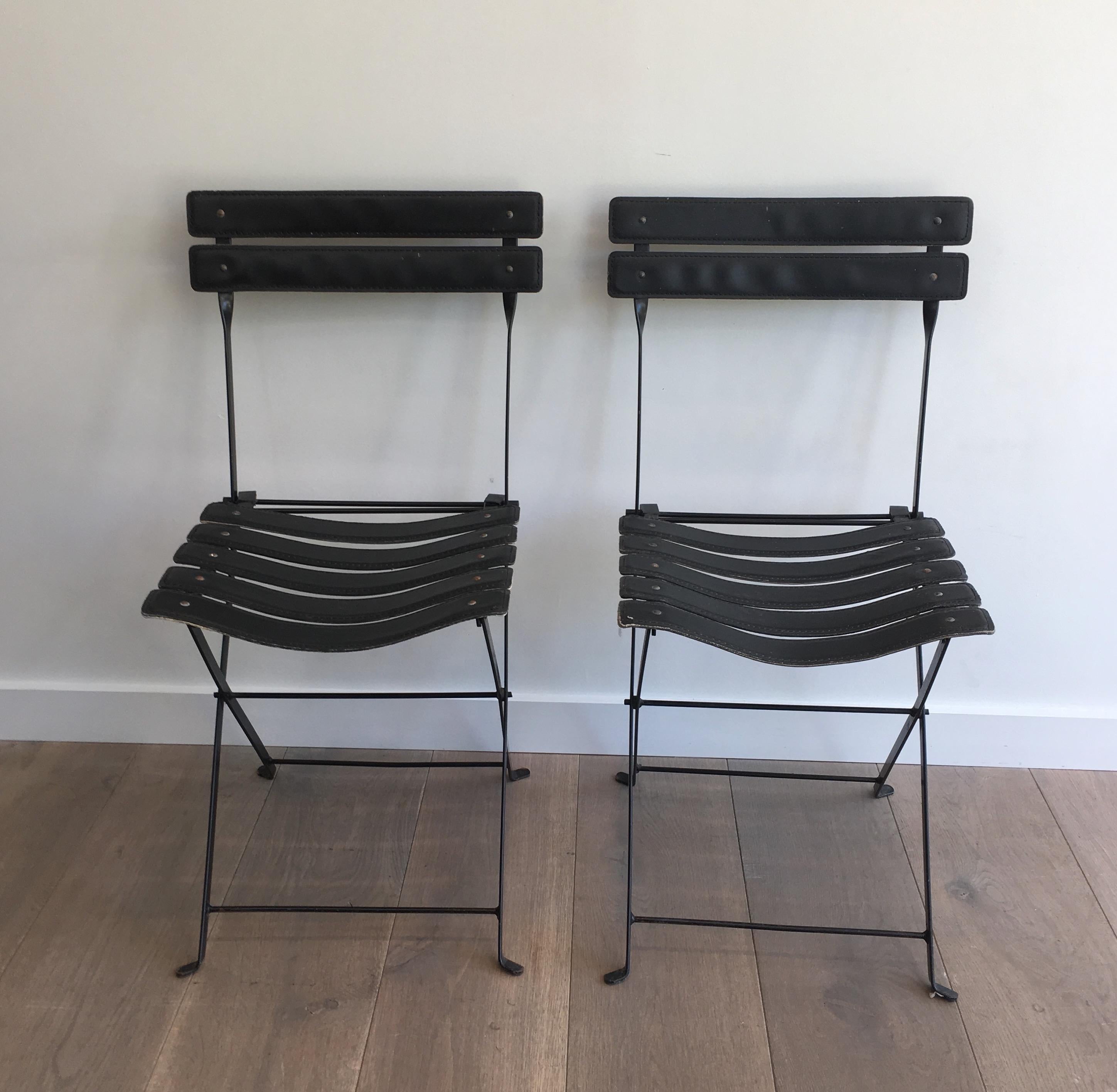 Pair of Black Leather & Metal Chairs, French Work, in the Style of Jacques Adnet For Sale 3