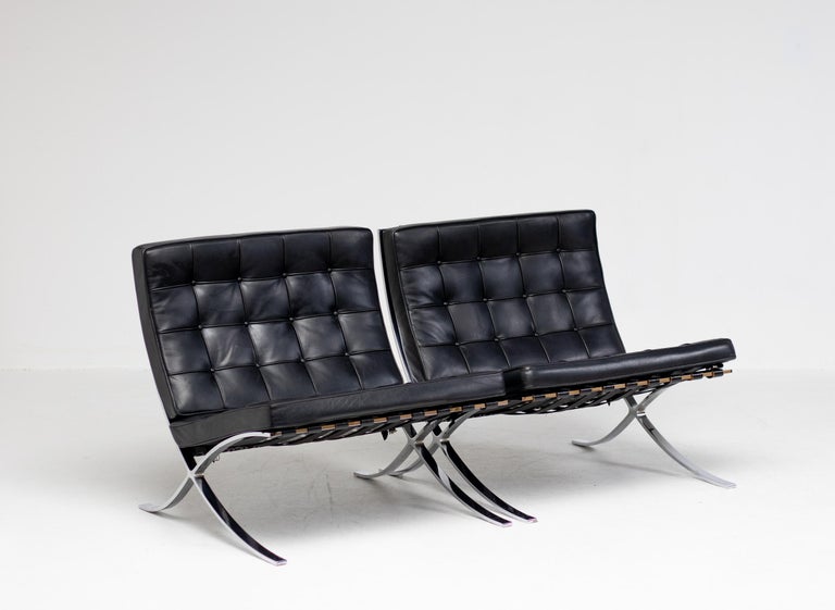 Pair of Black Leather Mies van der Rohe for Knoll Barcelona Chairs For Sale 3