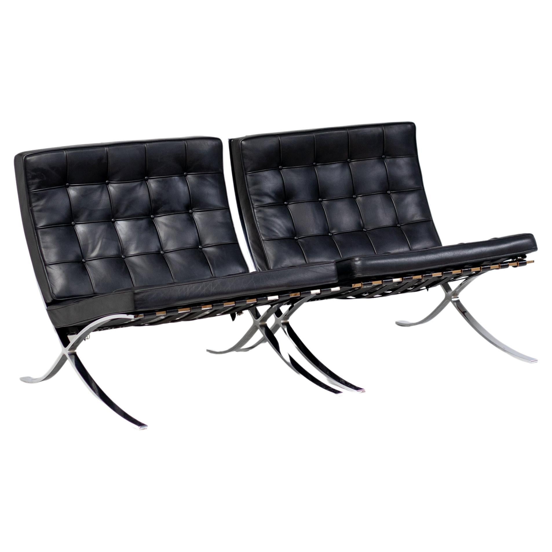 Pair of Black Leather Mies van der Rohe for Knoll Barcelona Chairs For