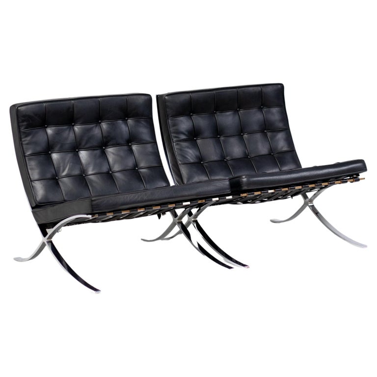 Pair of Black Leather Mies van der Rohe for Knoll Barcelona Chairs For Sale