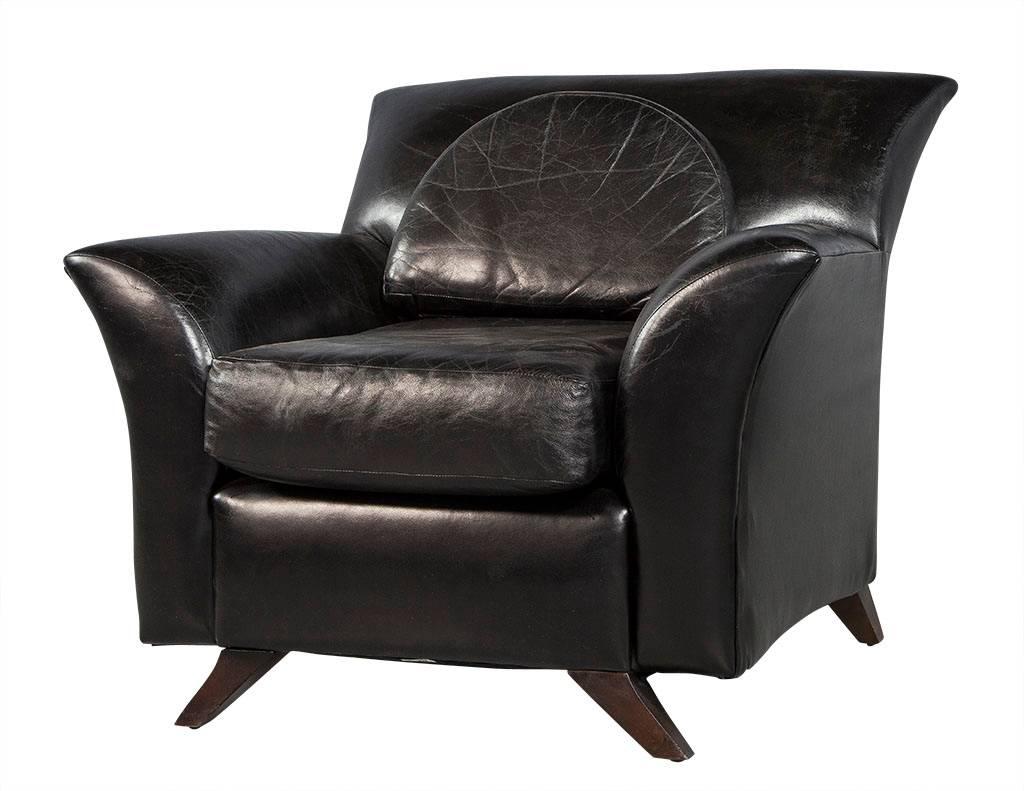 Modern Pair of Black Leather Oversize Bat Wing Style Parlor Chairs
