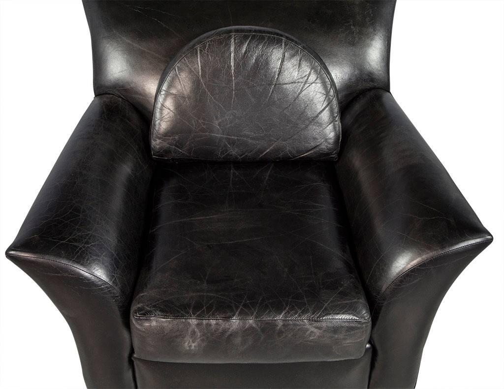 Pair of Black Leather Oversize Bat Wing Style Parlor Chairs In Good Condition In North York, ON