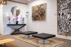 Pair of Black Leather Polished Chrome Modern Swivel Ottomans Minotti Style