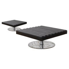 Pair of Black Leather Polished Chrome Modern Swivel Ottomans Minotti Style