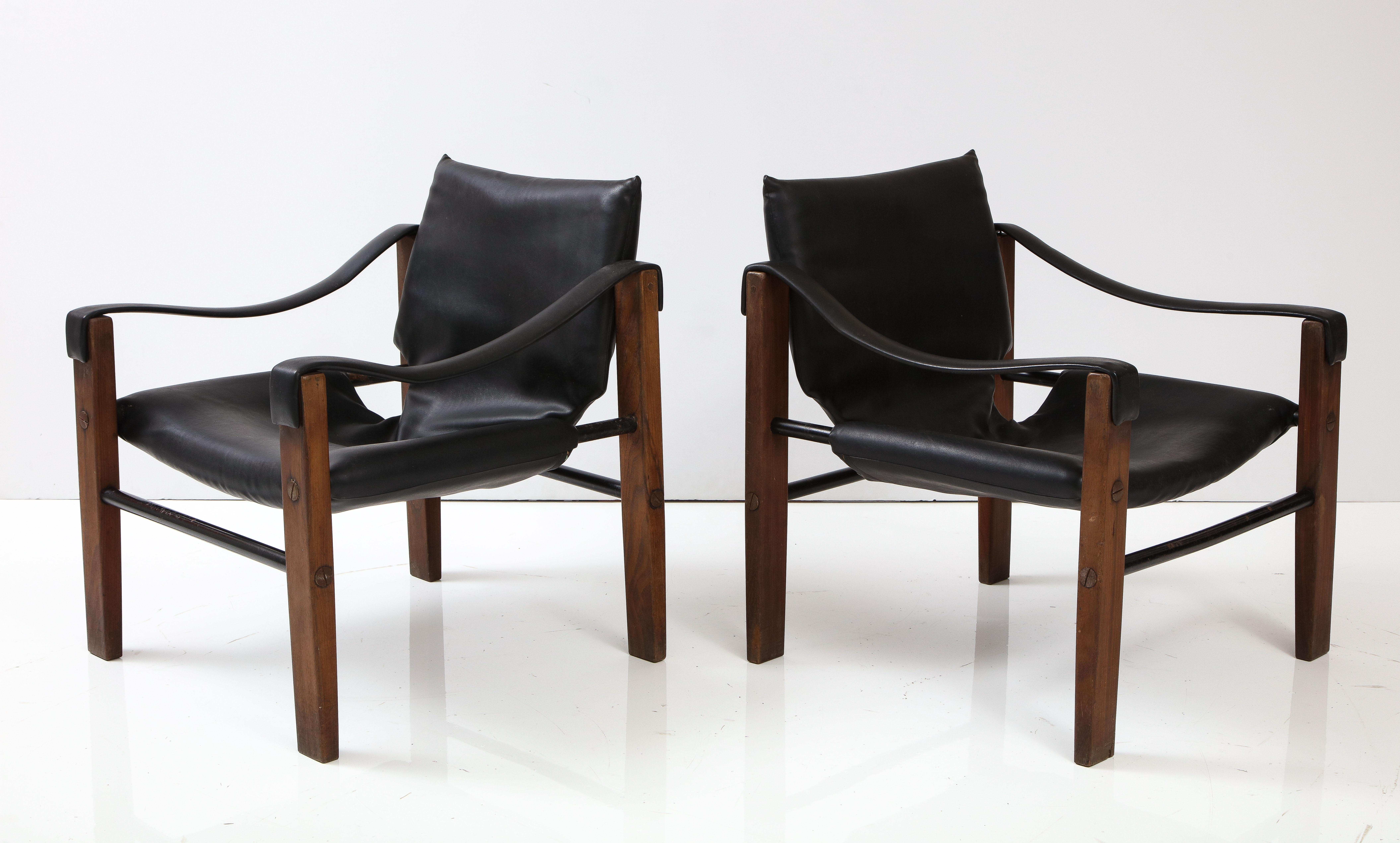 English Pair of Black Leather “Safari” Chairs by Maurice Burke for Arkana