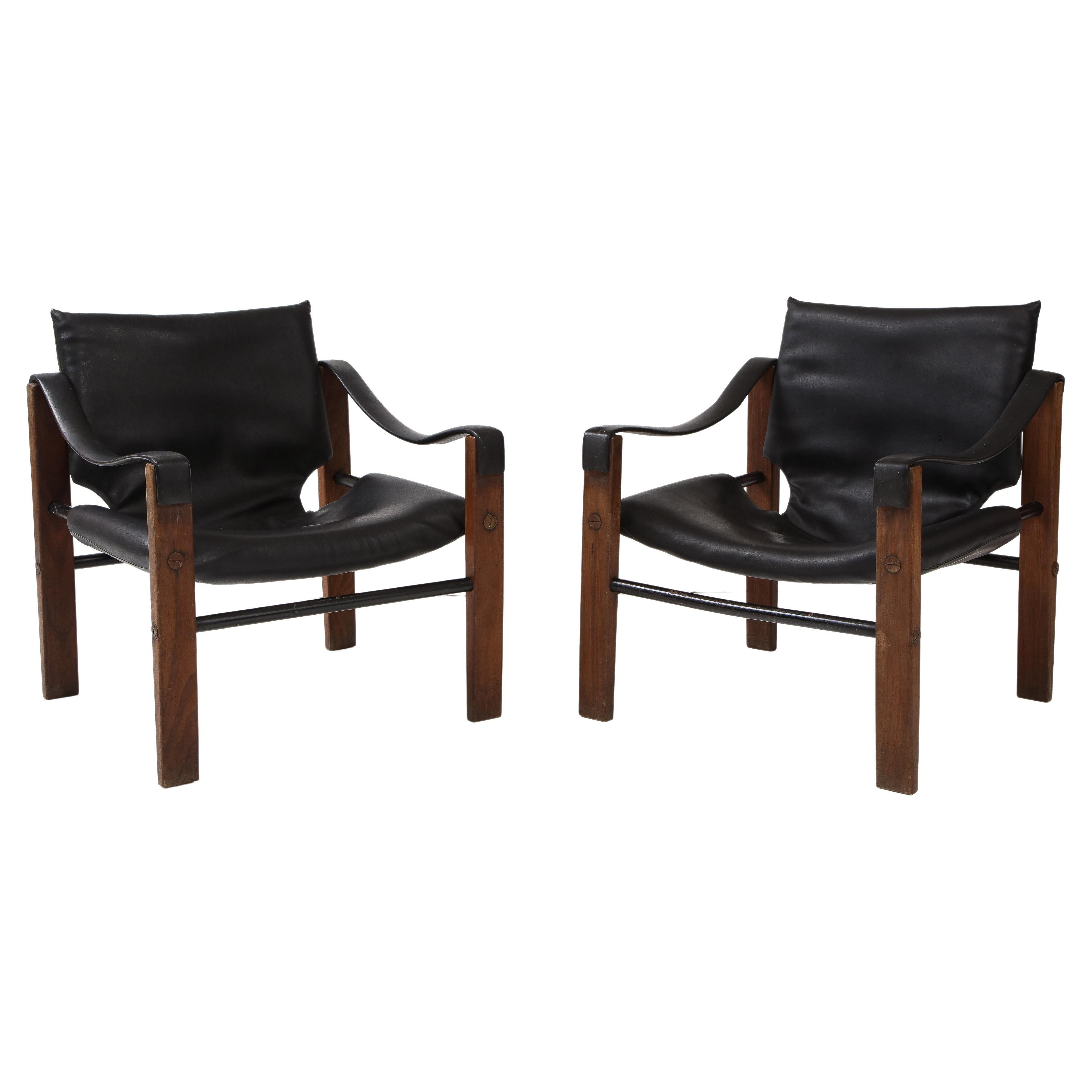 Pair of Black Leather “Safari” Chairs by Maurice Burke for Arkana