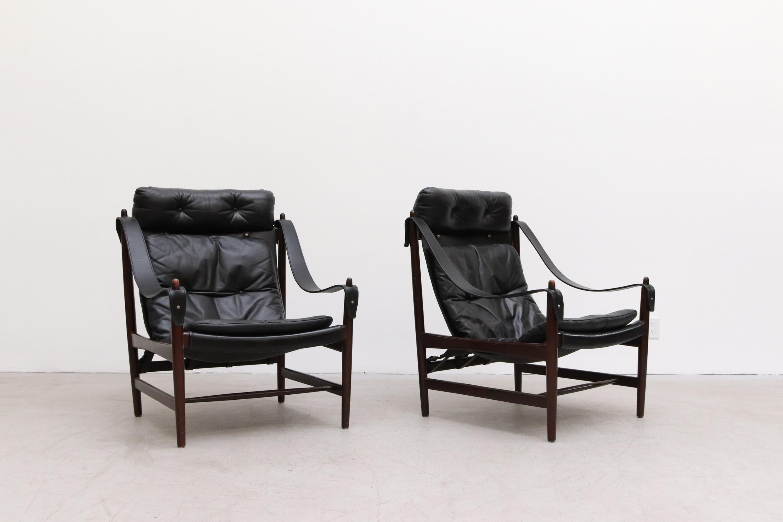 Mid-Century Modern Pair of Black Leather Safari Style Lounge Chairs