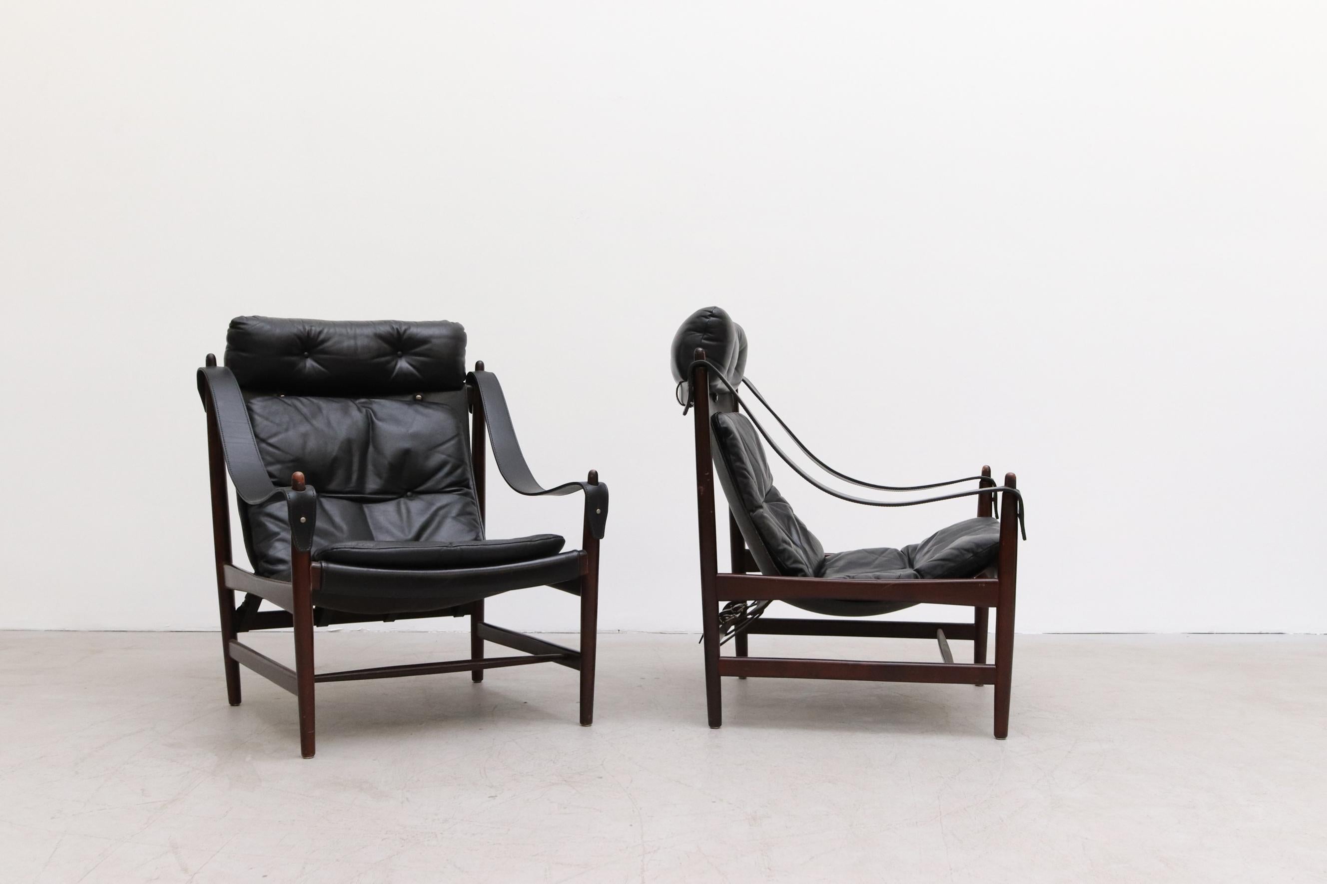 Dutch Pair of Black Leather Safari Style Lounge Chairs