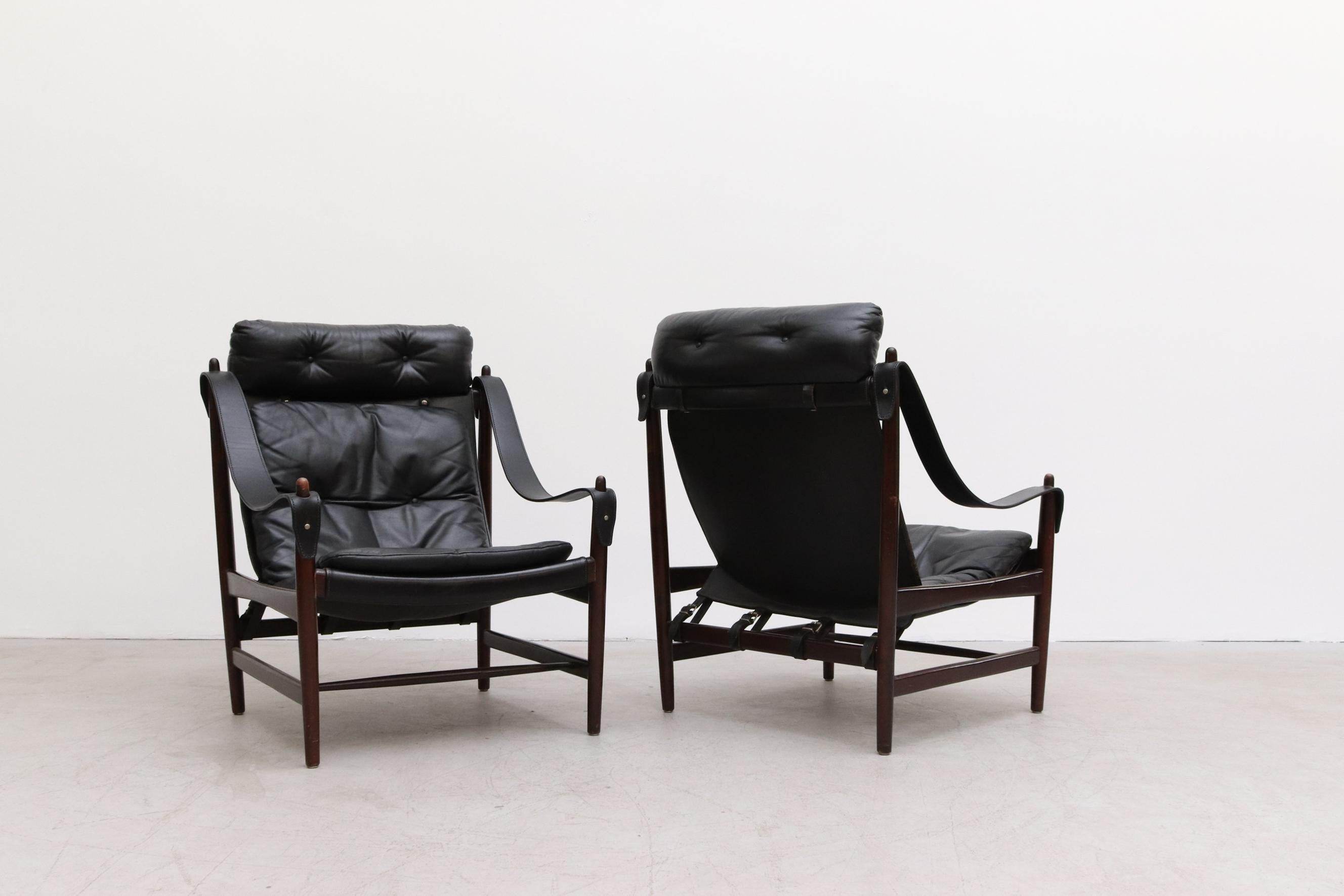 Pair of Black Leather Safari Style Lounge Chairs In Good Condition In Los Angeles, CA